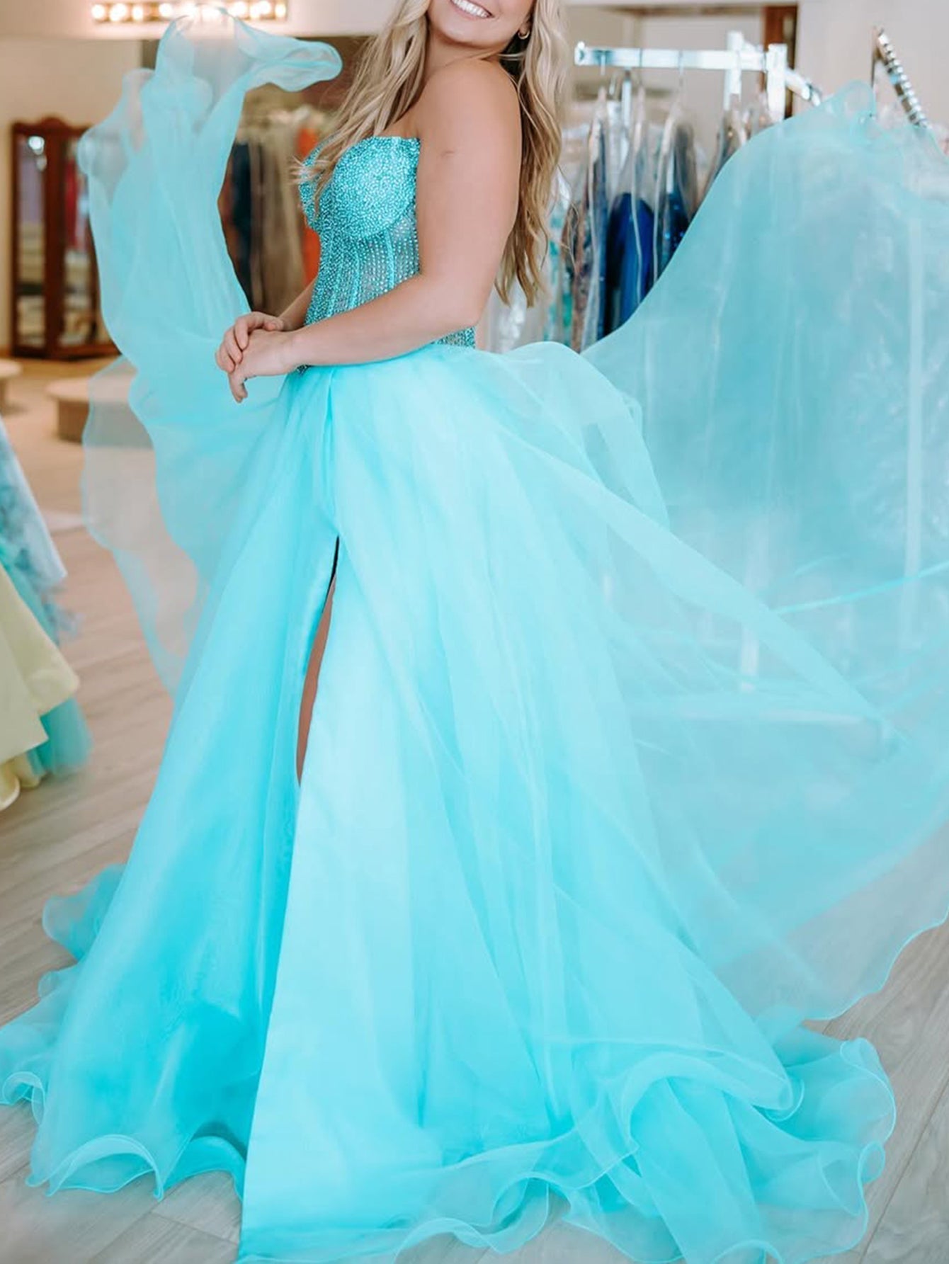 Strapless Hand Beading Bodice Ball Gown Prom Dress With Slit - Blue