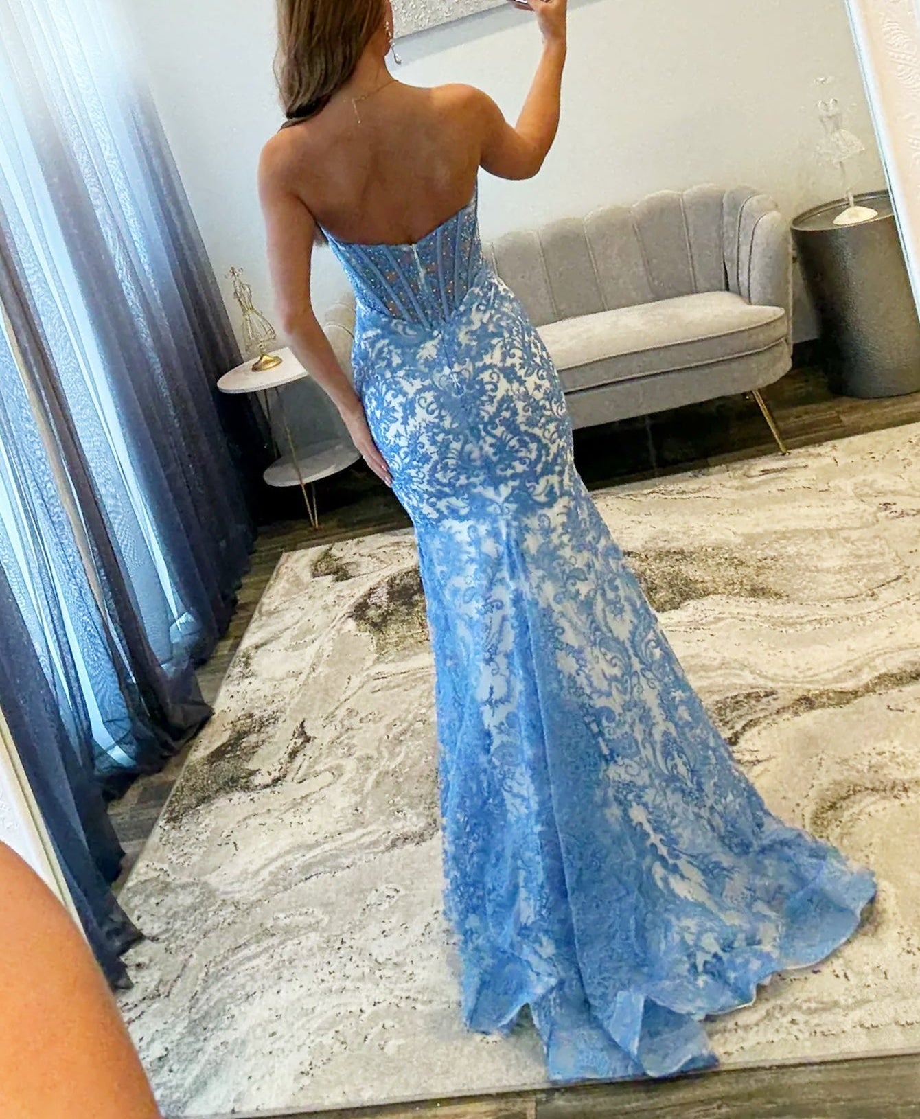 Strapless Illusion Beading Embroidery Bodice Mermaid Prom Dress - Blue