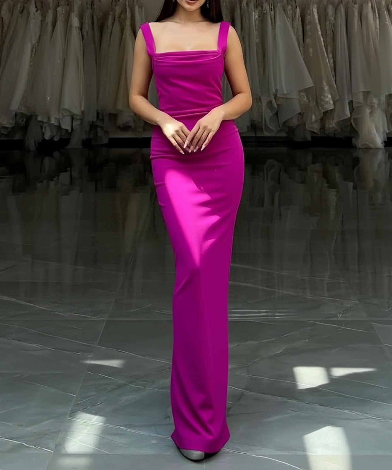 Tank Square Neck Ruched Bodice Mermaid Prom Dress - Hot Pink