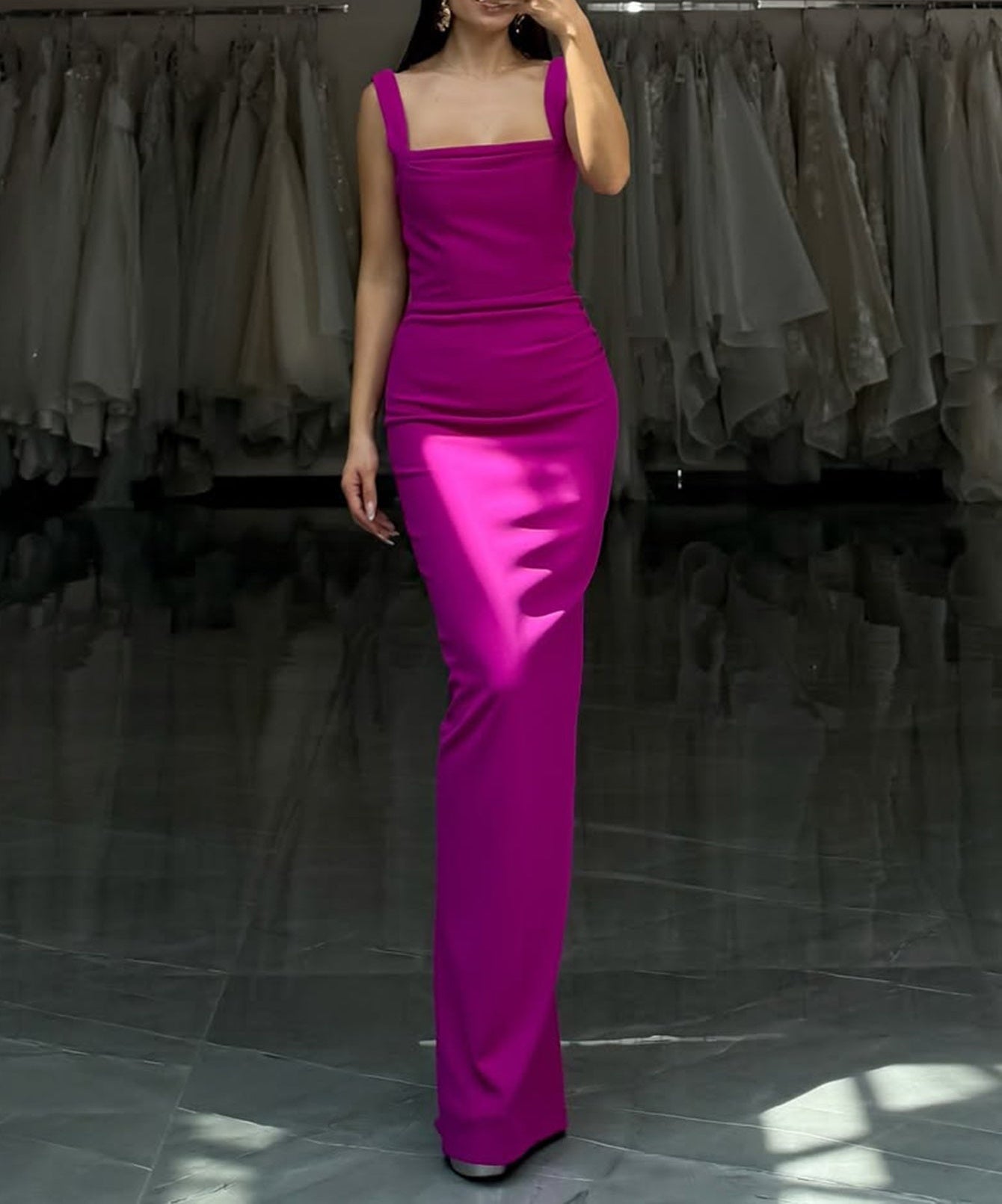 Tank Square Neck Ruched Bodice Mermaid Prom Dress - Hot Pink
