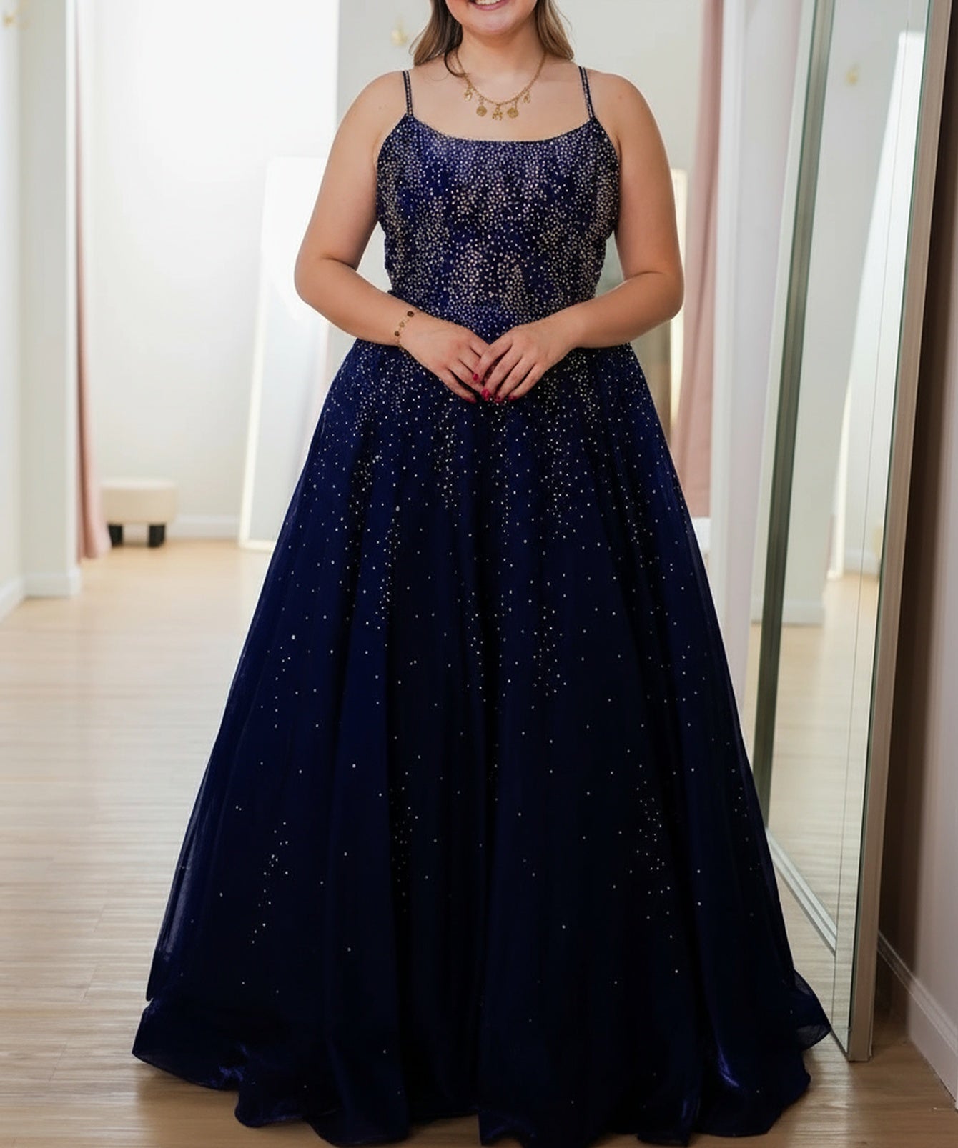 Spaghetti Strap Hot Fix Crystal Lace Up Bodice Ball Gown Prom Dress - Navy Blue