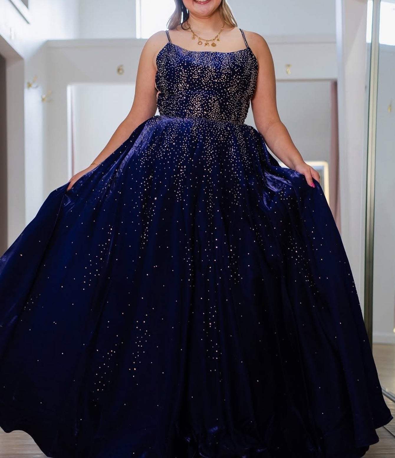 Spaghetti Strap Hot Fix Crystal Lace Up Bodice Ball Gown Prom Dress - Navy Blue
