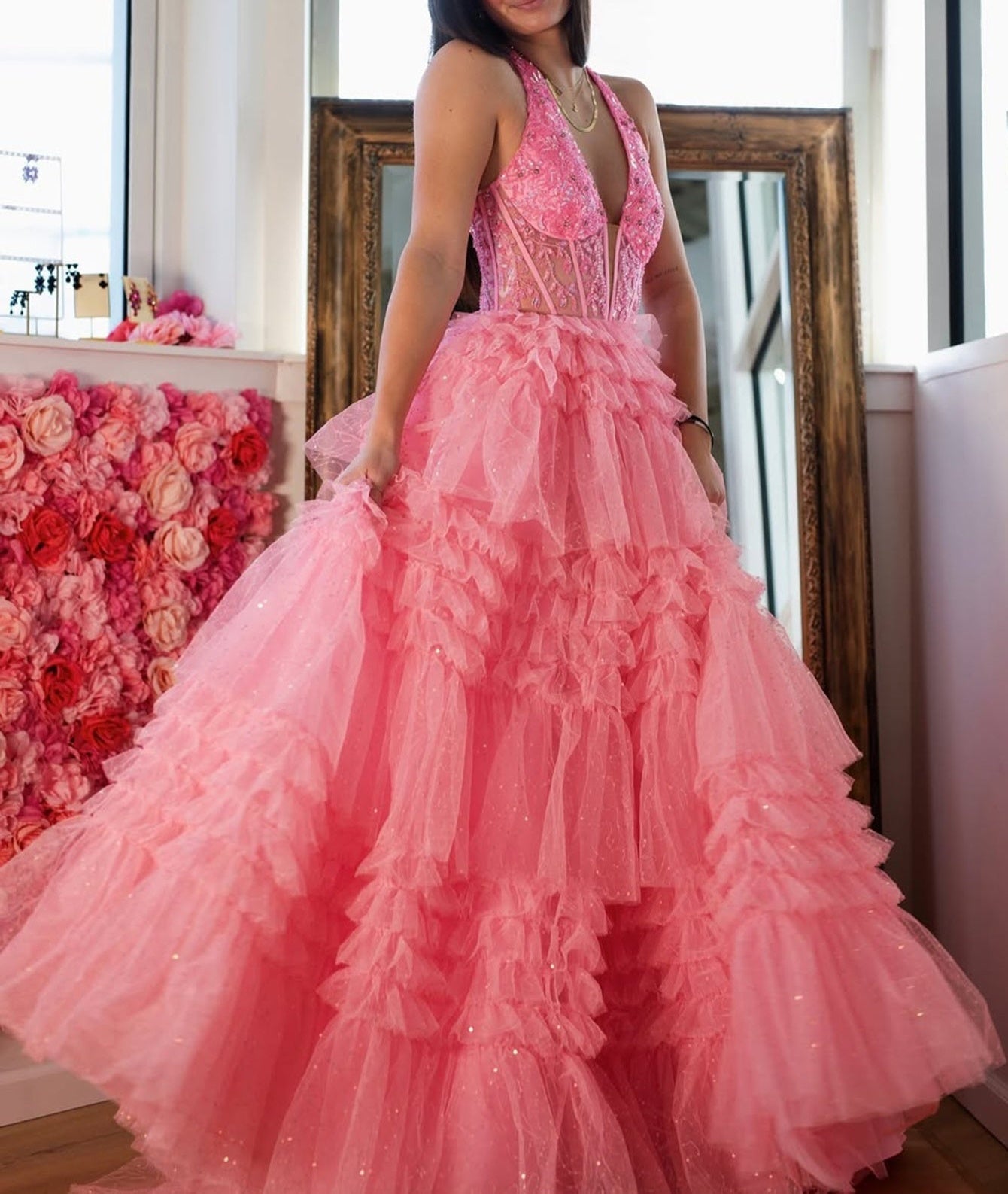 Halter Illusion Beading Embroidery Bodice Ball Gown Prom Dress With Ruffle Hem - Pink