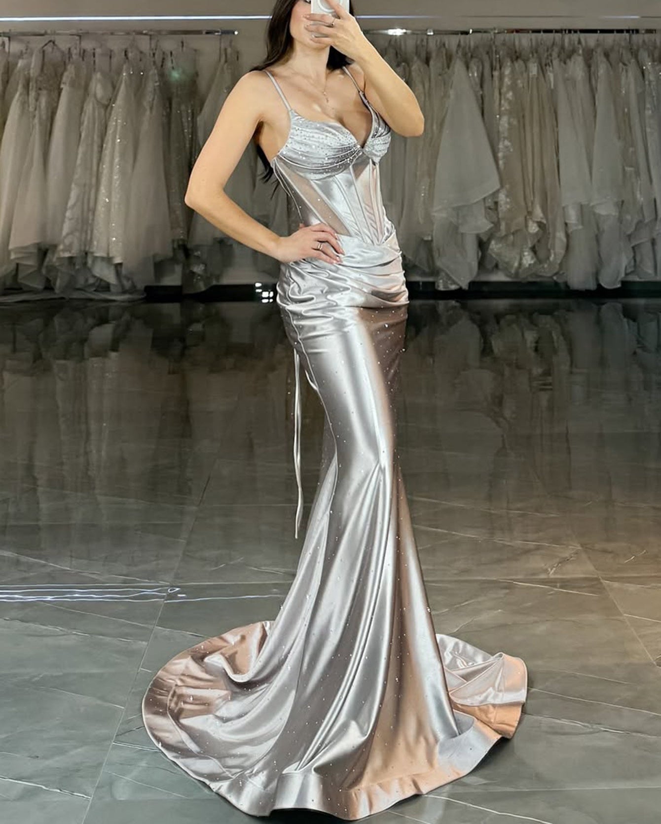 Spaghetti Strap Hand Beading Ruched Bodice Mermaid Prom Dress - Silver