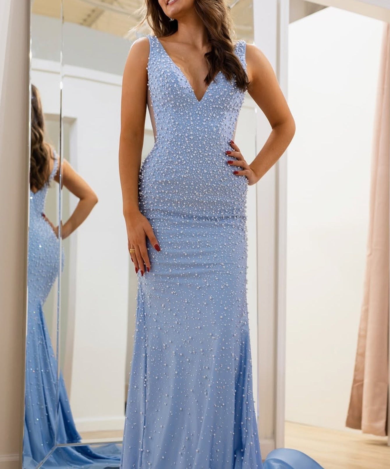 Tank V-Neck Hand Beading Bodice Mermaid Prom Dress - Blue