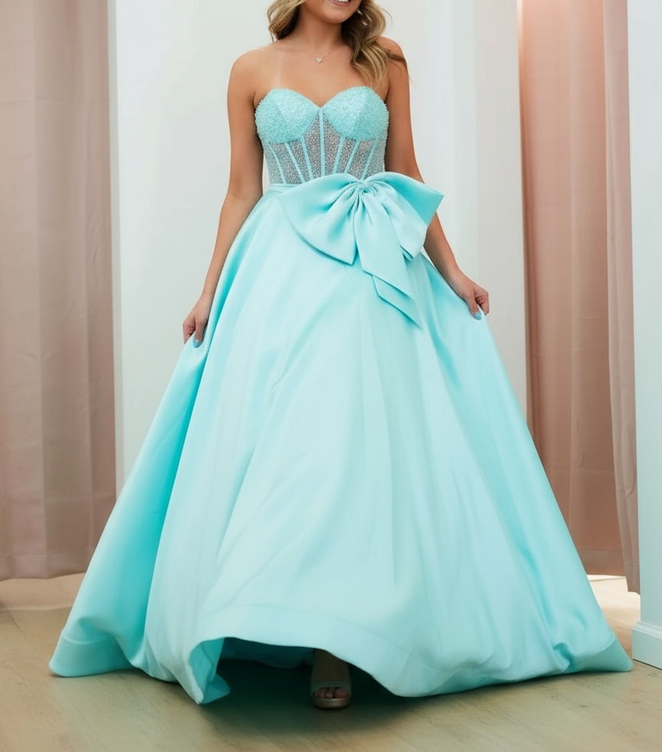 Strapless Big Bow Illusion Bodice Ball Gown Prom Dress - Sky Blue