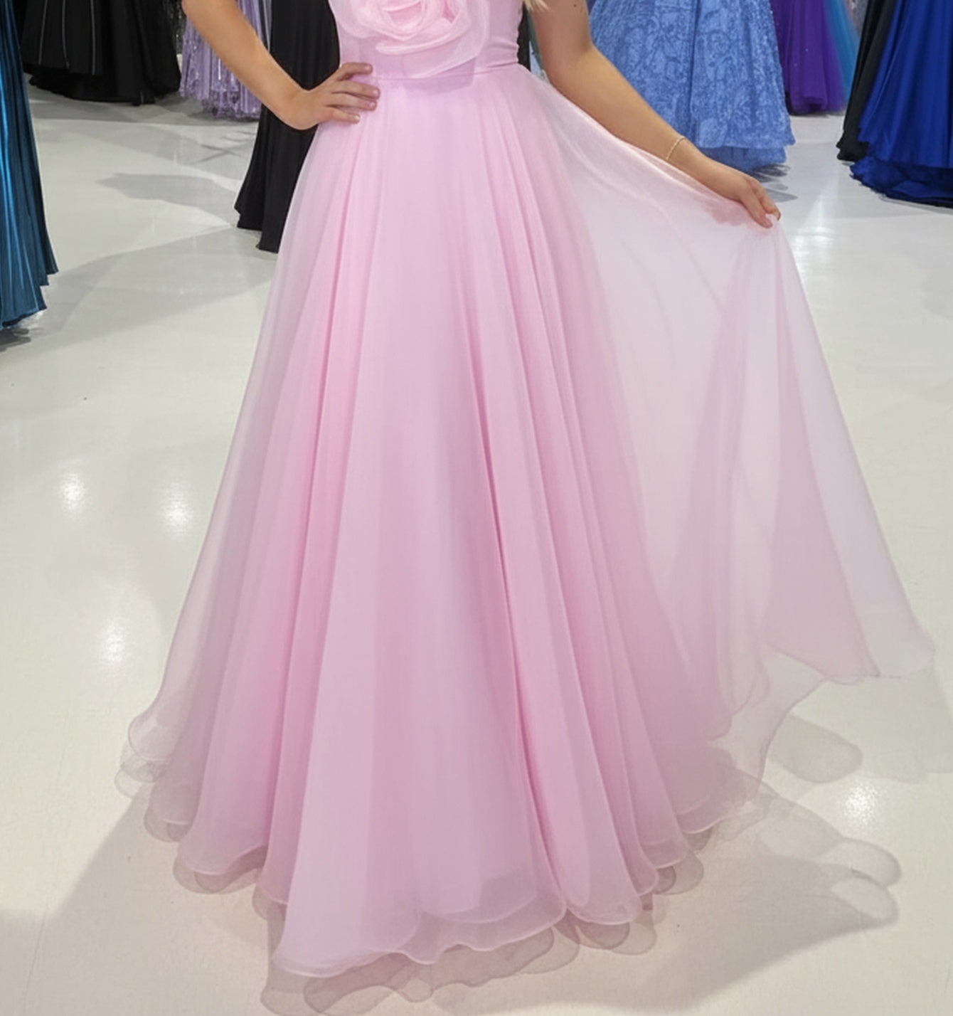 Strapless 3D Flower Bodice Long Ball Gown Prom Dress - Pink
