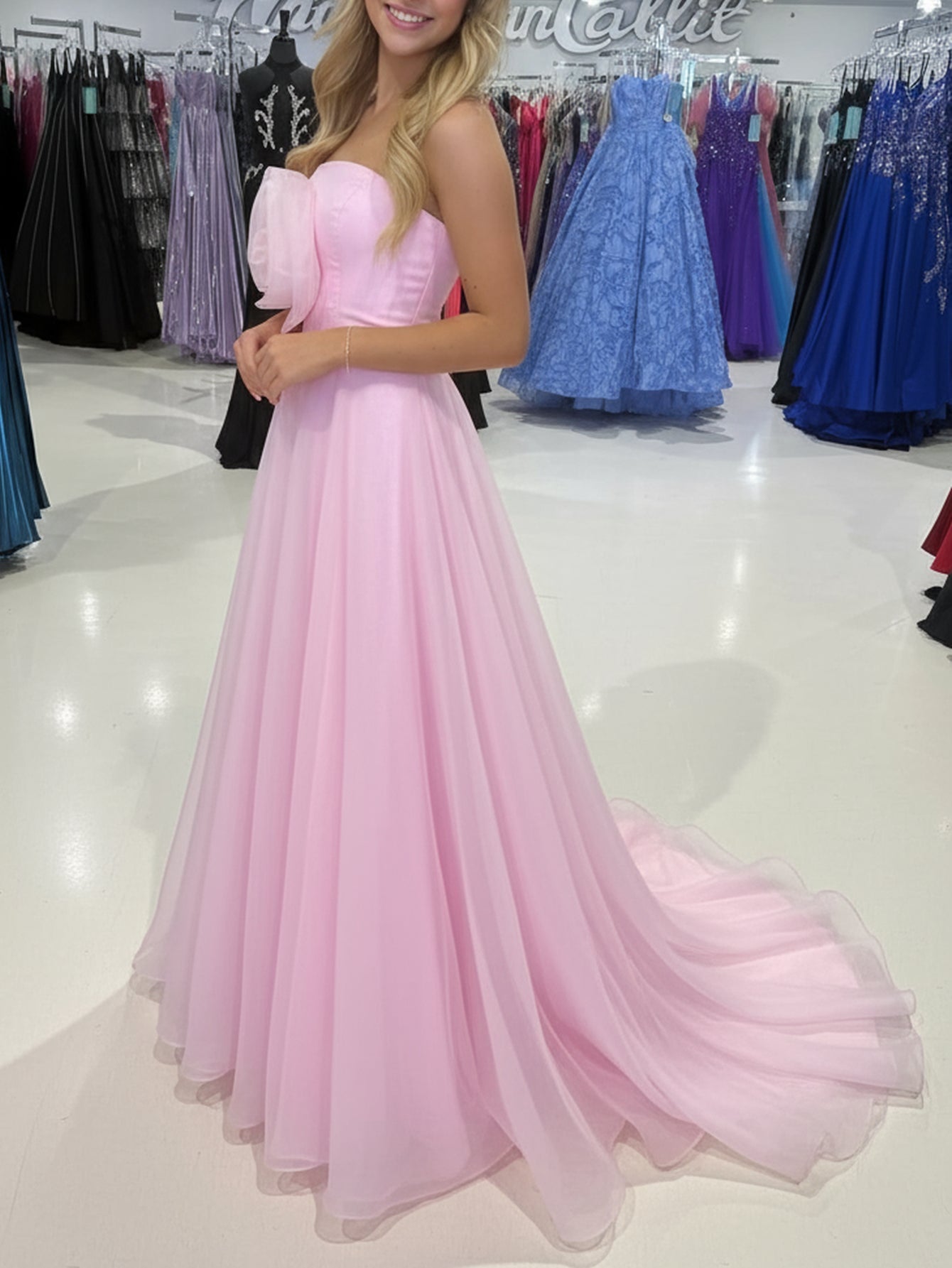 Strapless 3D Flower Bodice Long Ball Gown Prom Dress - Pink
