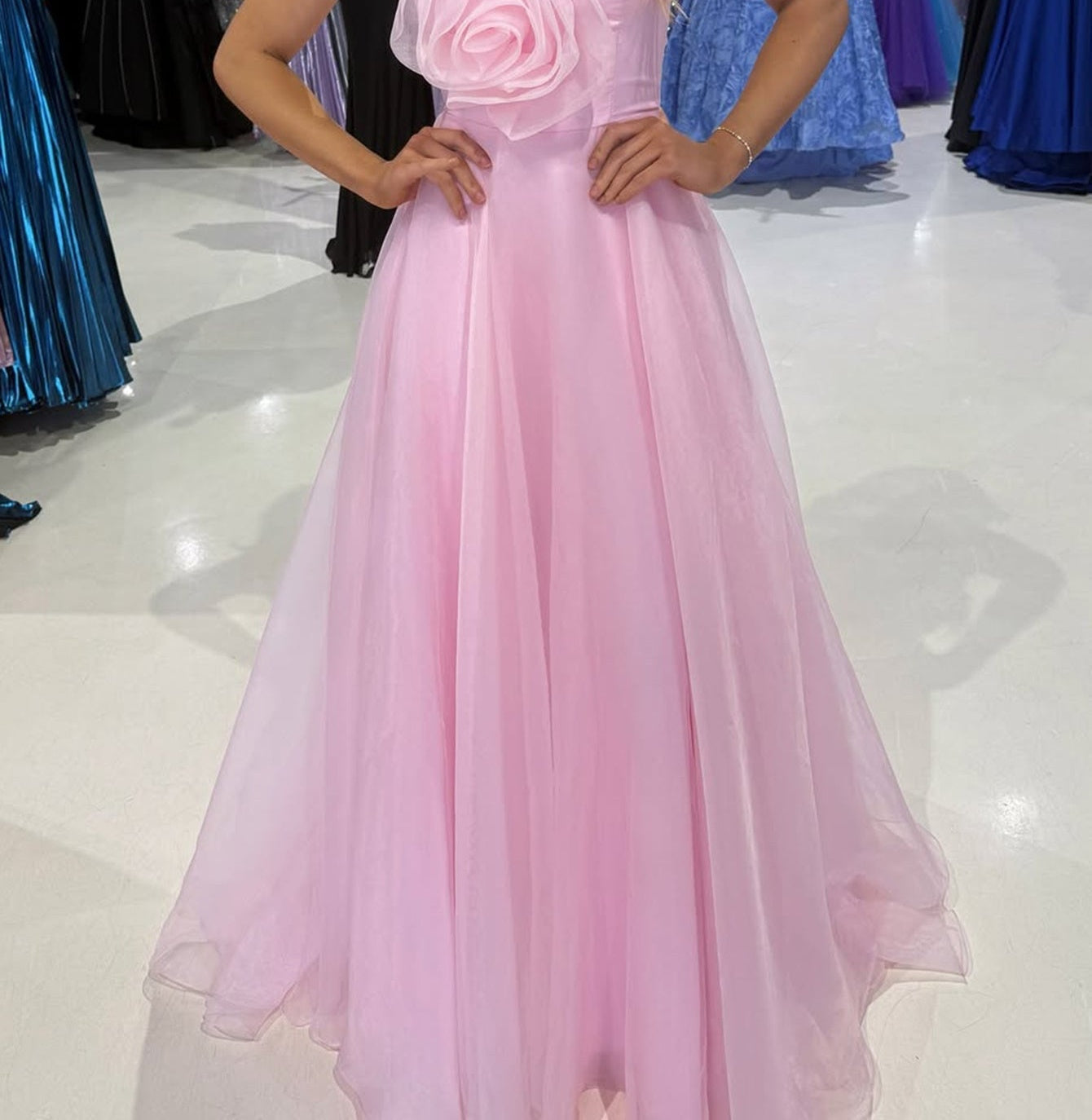 Strapless 3D Flower Bodice Long Ball Gown Prom Dress - Pink