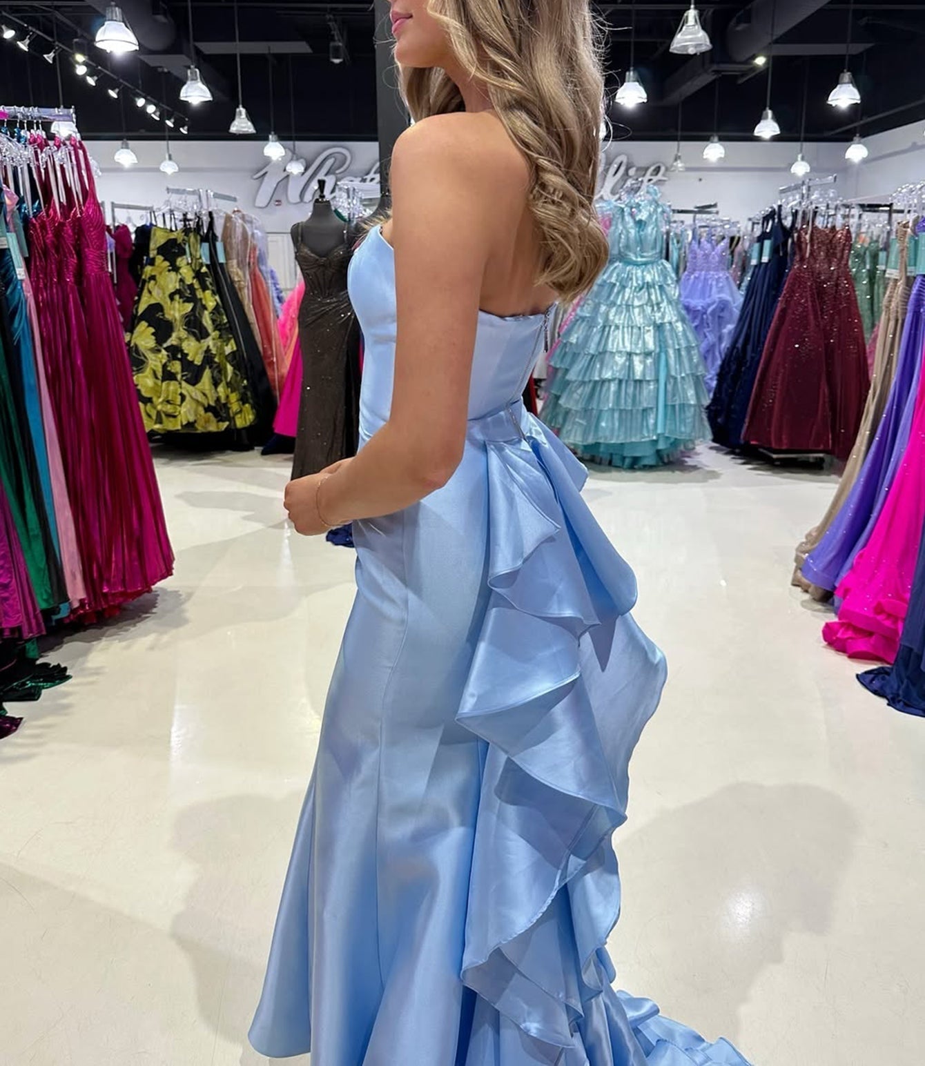 Strapless Layered Ruffle Bodice Long Mermaid Prom Dress - Sky Blue