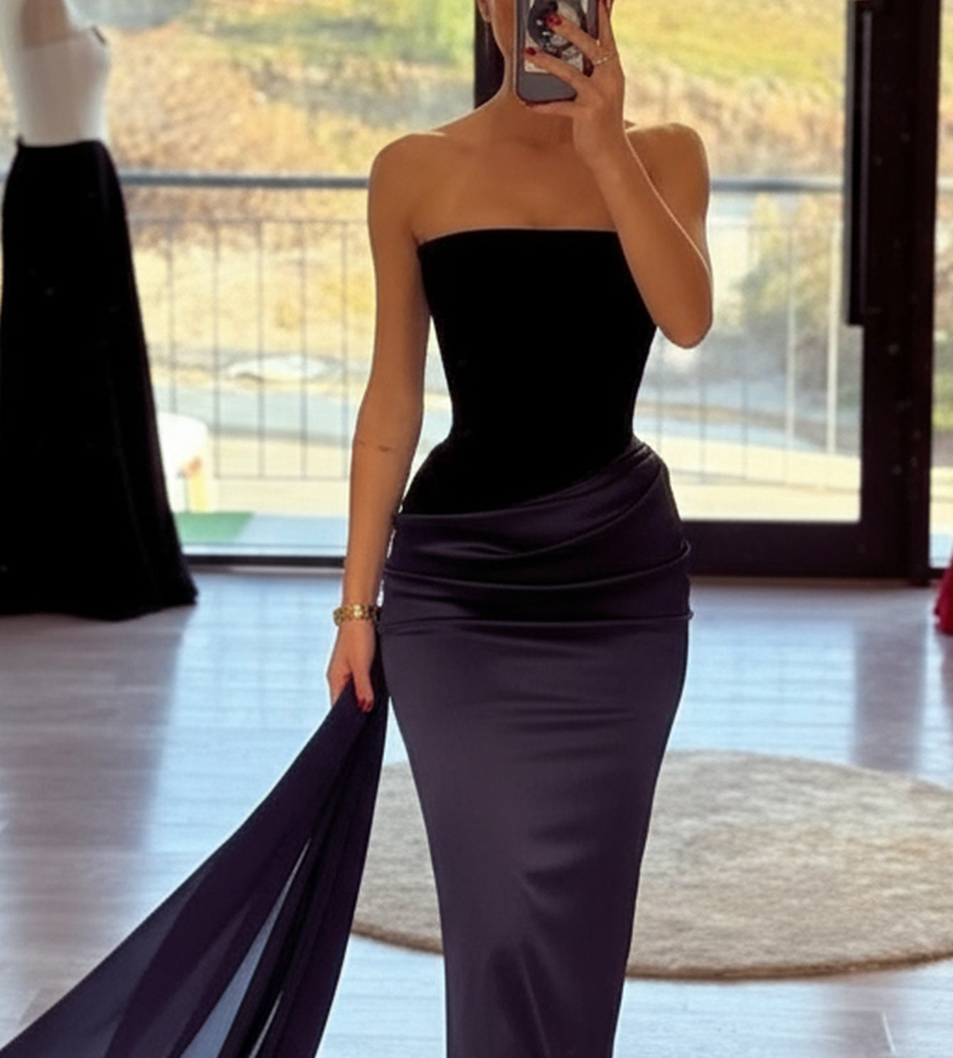 Strapless Ruched Bodice Long Mermaid Prom Dress With Shawl - Navy Blue