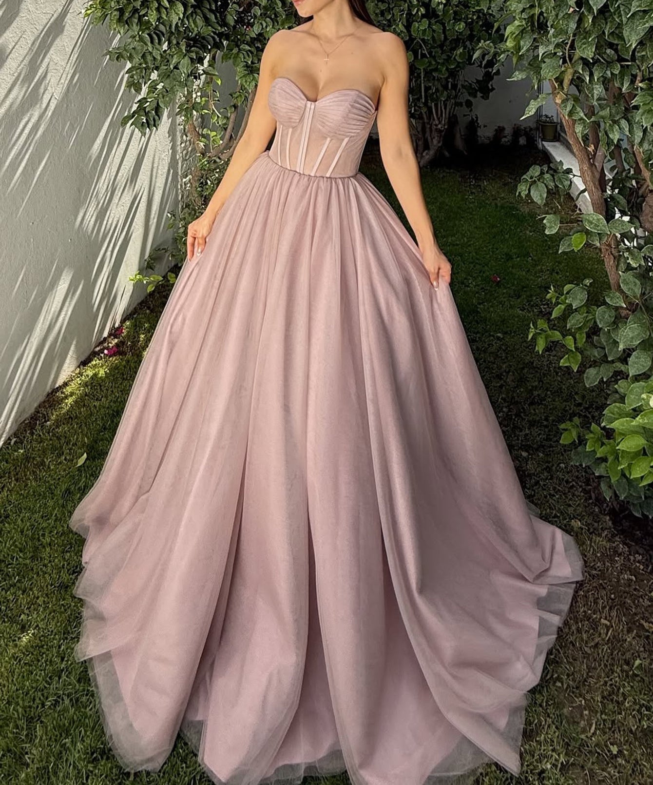 Strapless Lace Up Ruched Illusion Bodice Ball Gown Prom Dress - Dusty Rose