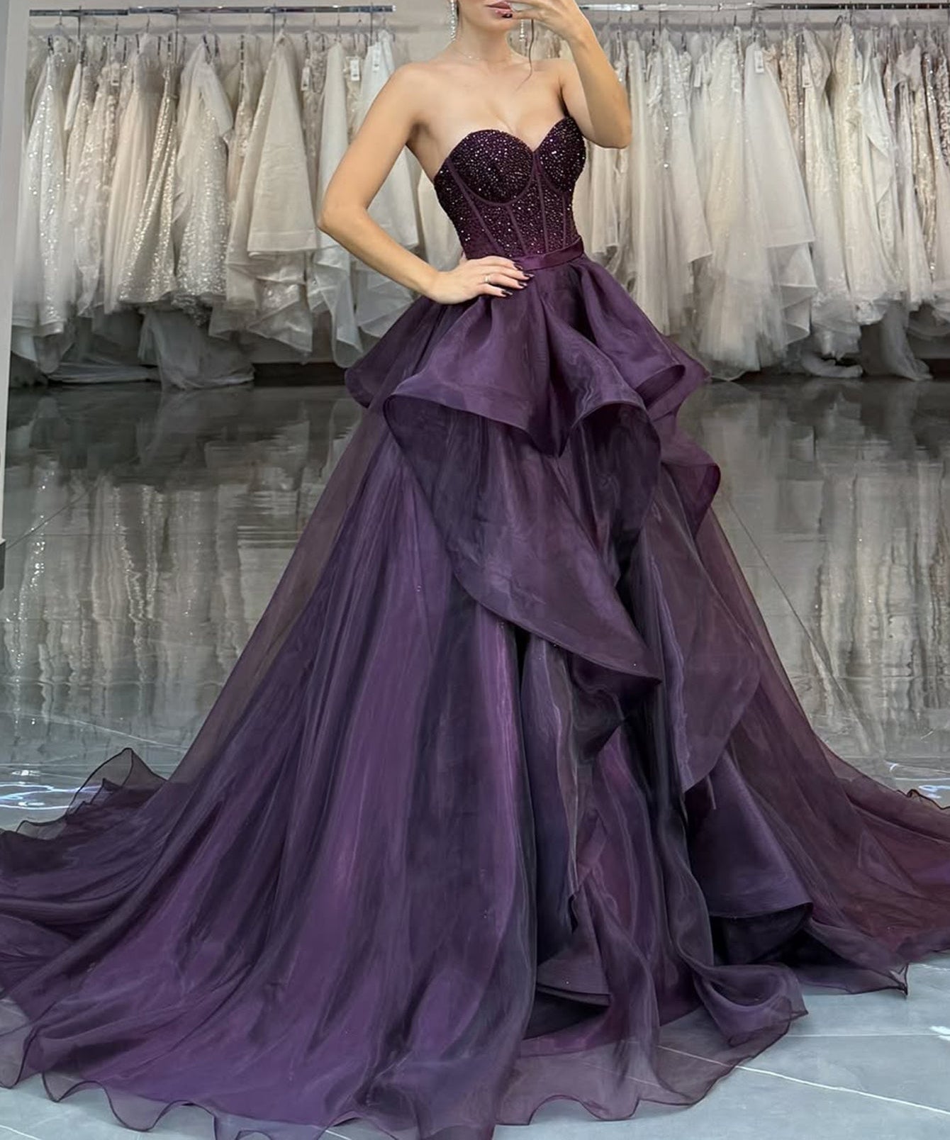 Strapless Beading Lace Up Layered Bodice Ball Gown Prom Dress - Purple