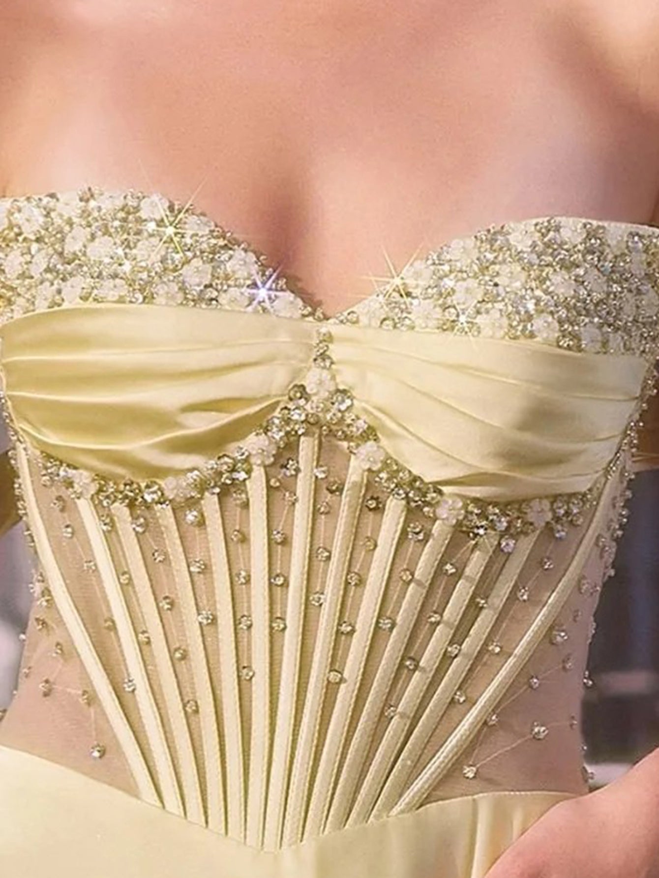 Strapless Beading Illusion Ruched Bodice Mermaid Prom Dress - Yellow