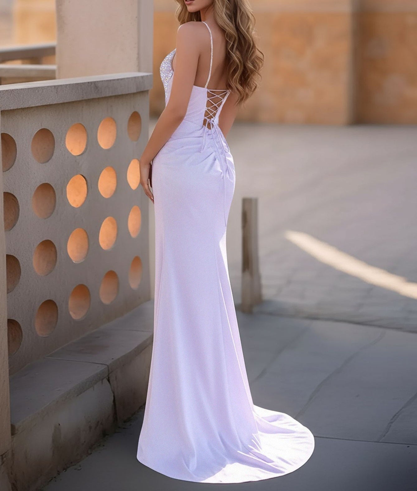 Luxury Crystal Lace Up Sheer Bodice Mermaid Prom Dress With Spaghetti Straps - Lilac