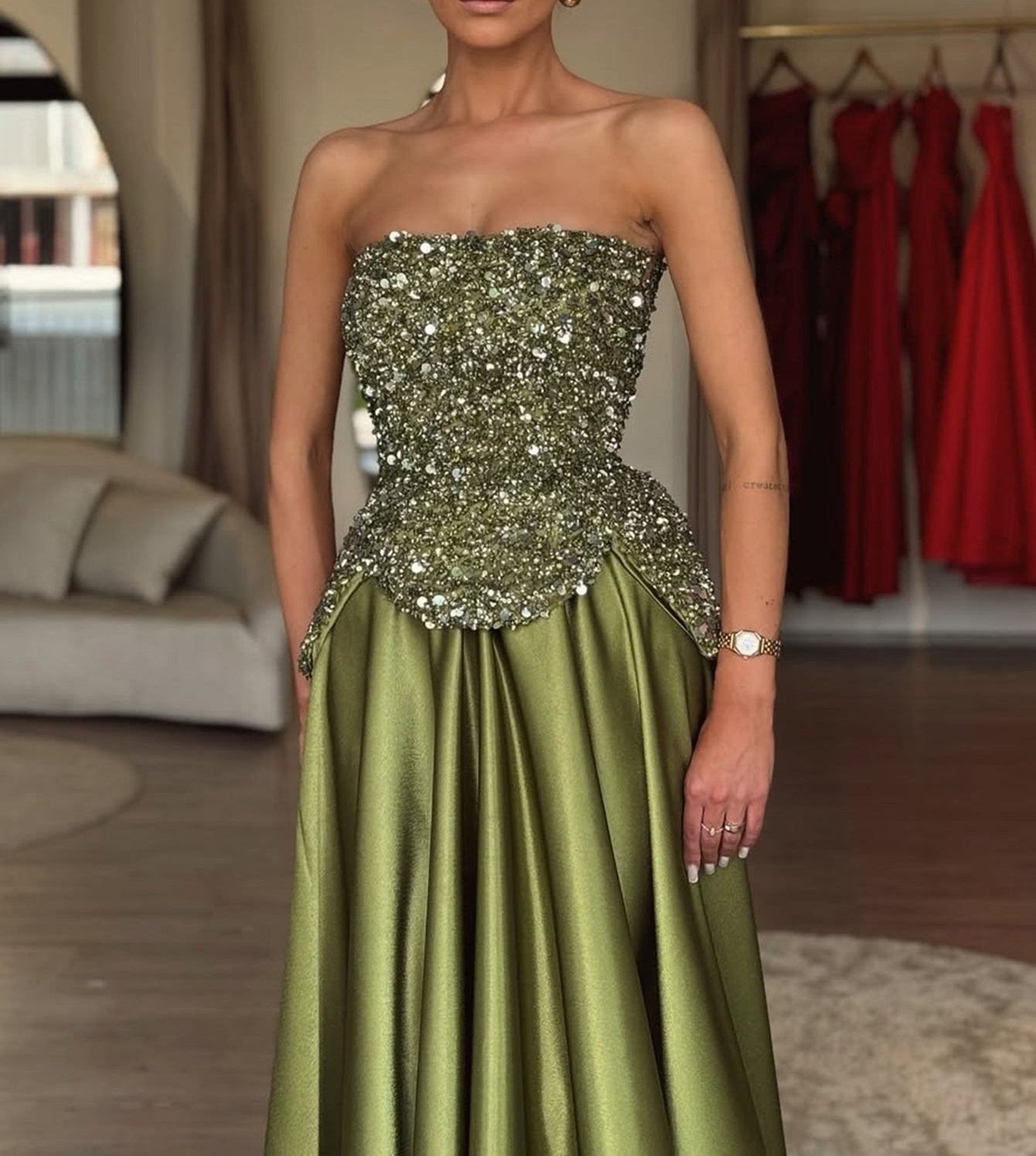 Luxury Two-Piece Sequin Top Satin Skirt Long Prom Dress - Olive Green