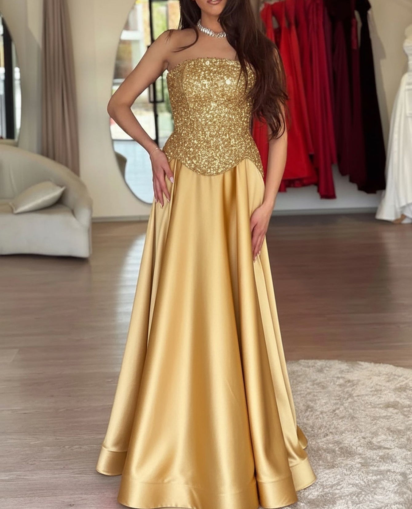 Crystal Two Pieces A-Line Strapless Long Prom Dress - Gold