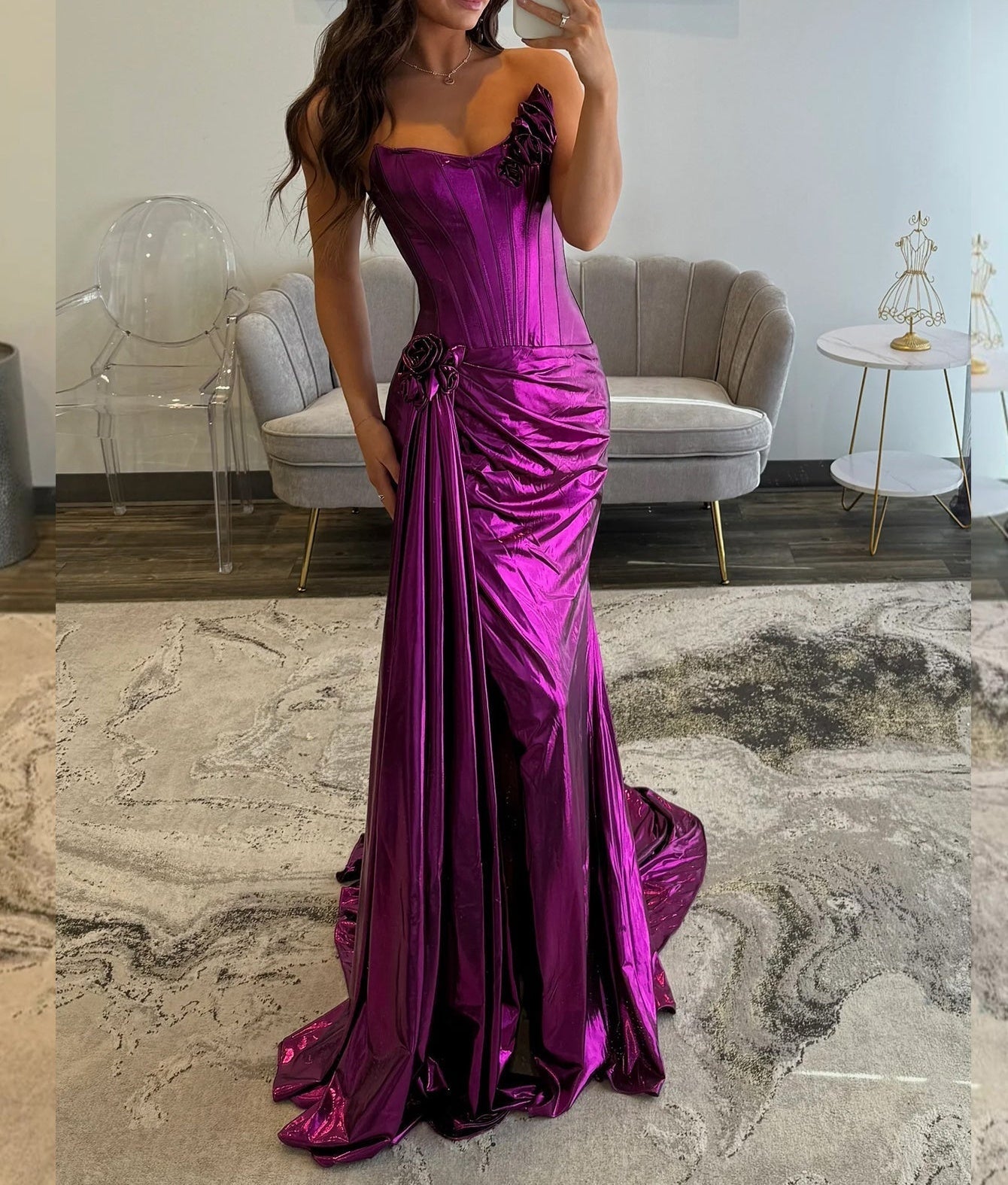 Hand Made Flowers Boned Strapless Mermaid Prom Dress With Drop - Purple
