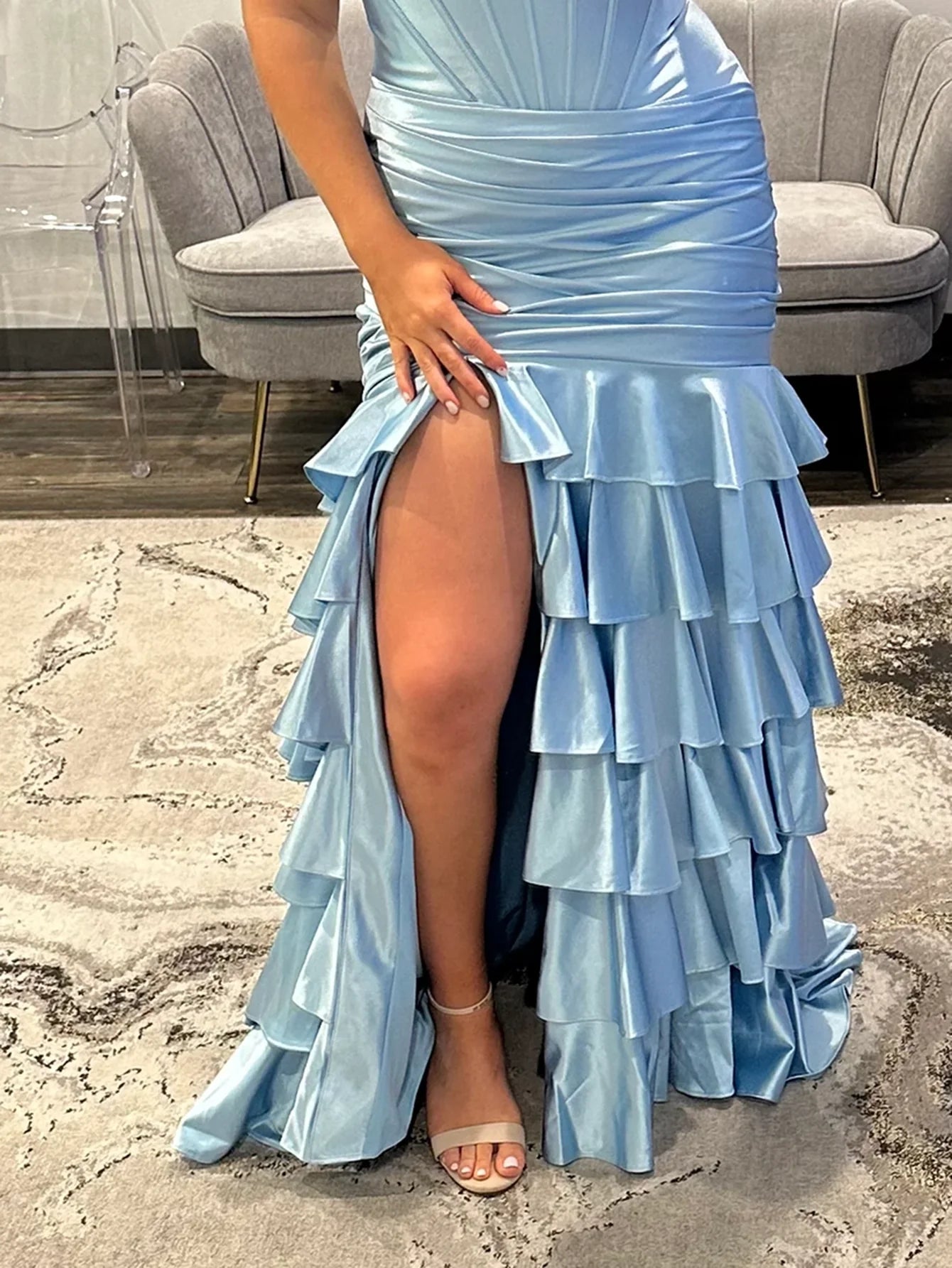 Boned Bodice Strapless Mermaid Prom Dress With Ruffle - Sky Blue