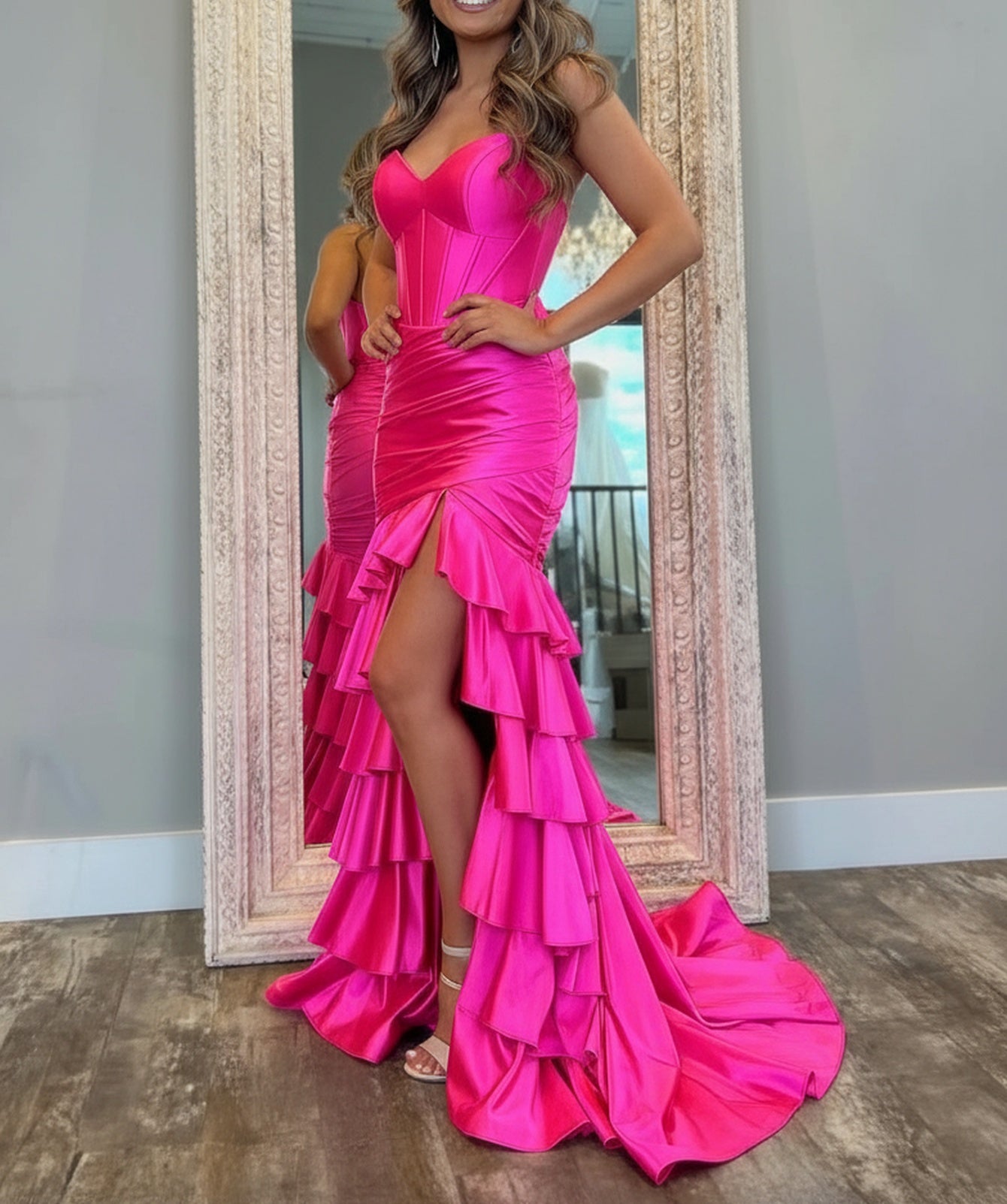 Boned Bodice Strapless Mermaid Prom Dress With Ruffle - Hot Pink