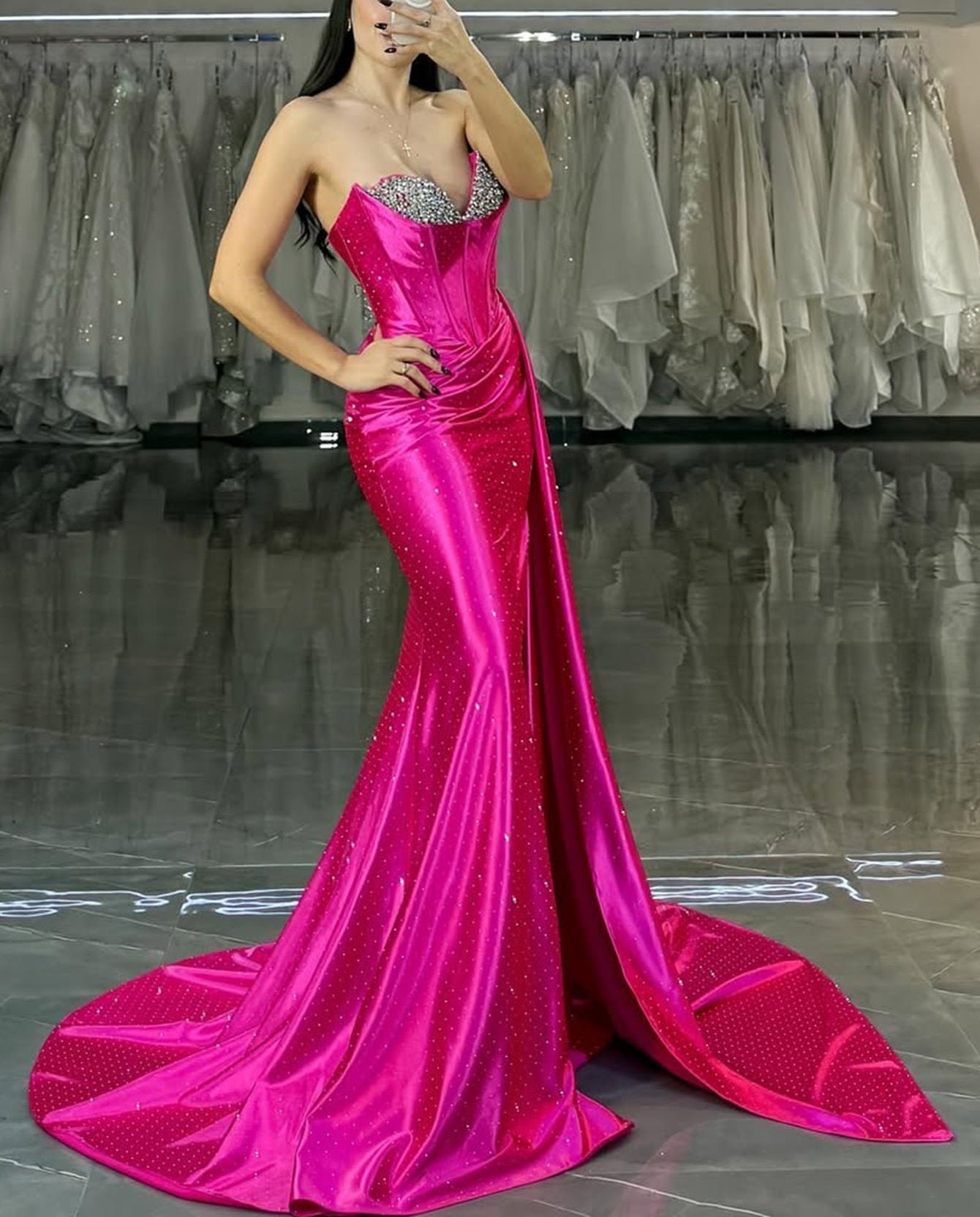 Sparkly Sweetheart Slit Mermaid Long Prom Dress With Drop - Hot Pink