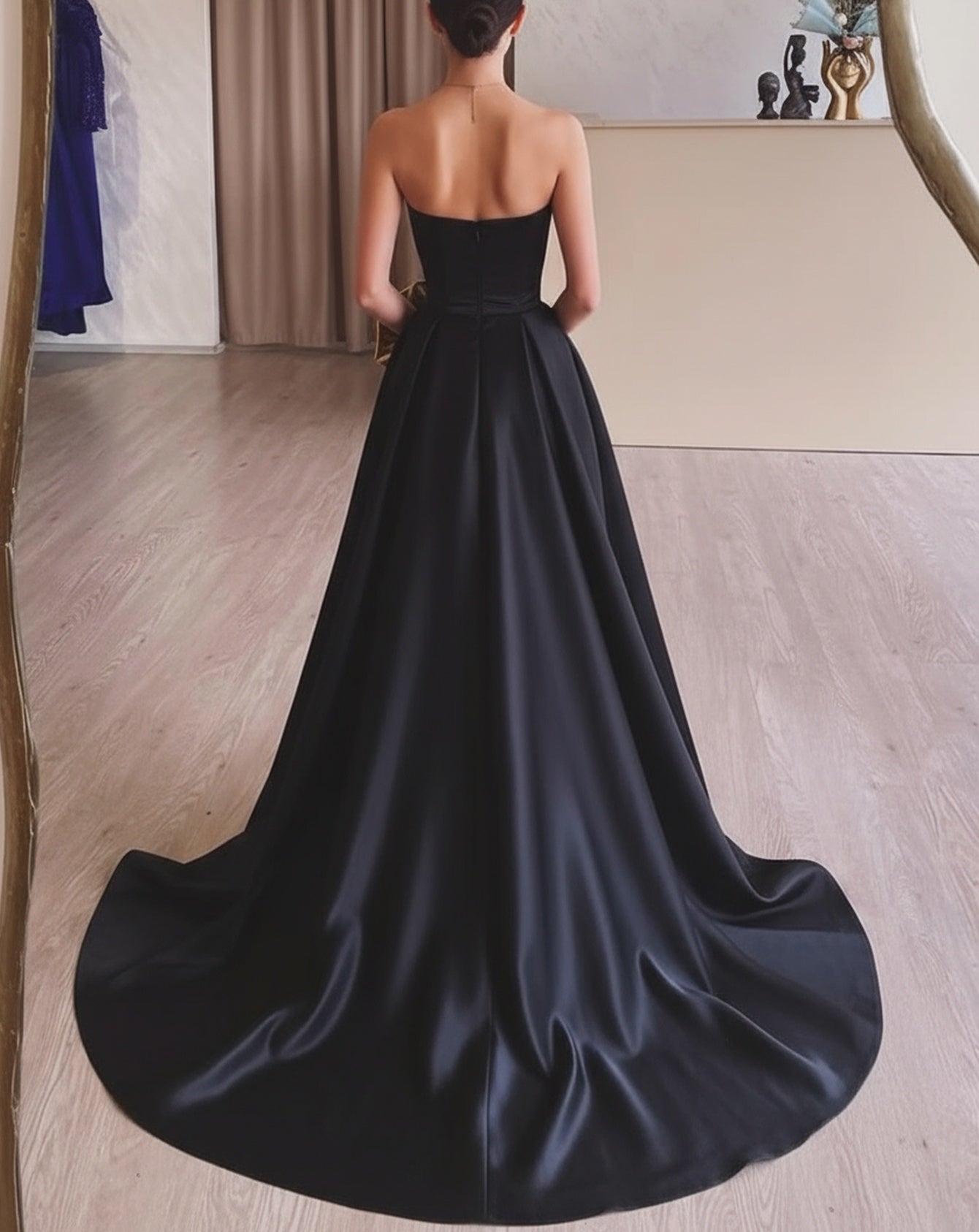 Removable Handmade Flower Strapless A-Line Prom Dress - White Black