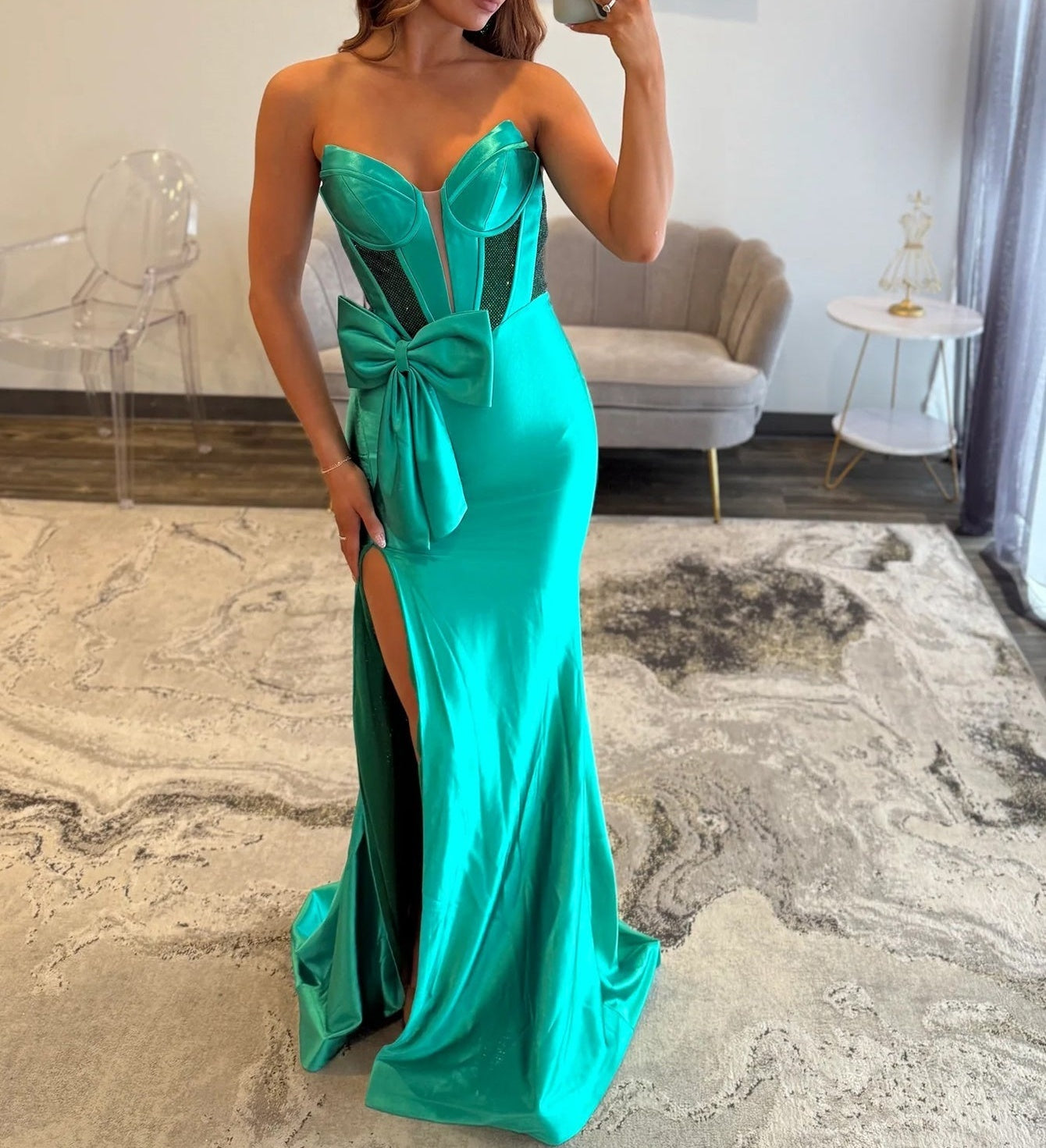 Bow Deep V-Neck Sparkly Mermaid Prom Dress - Turquoise
