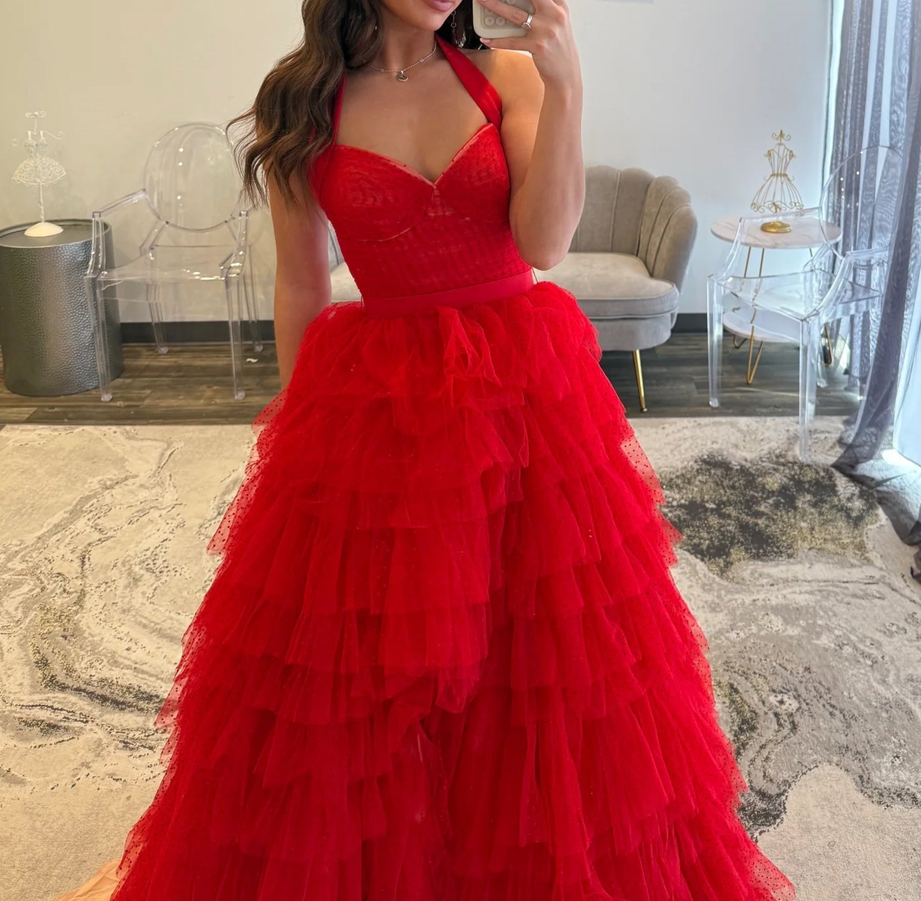 Sweetheart Red Polka Dot Ball Gown Prom Dress With Belt - Red