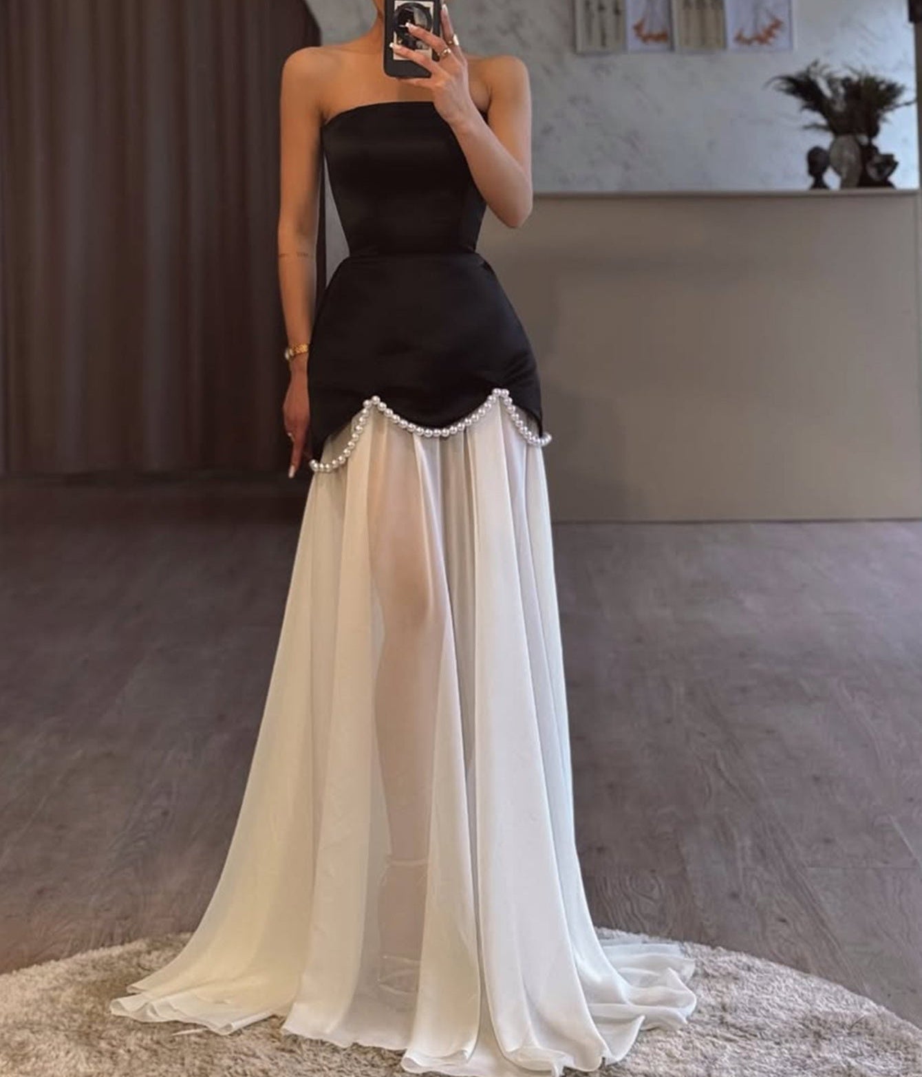 Hand Beading Strapless Two Pieces Pearl Prom Dress With Shawl - Black