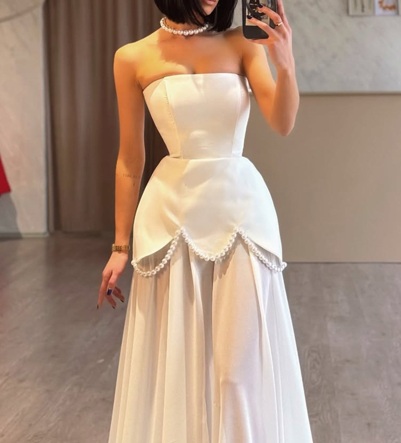 Hand Beading Strapless Two Pieces Pearl Prom Dress With Shawl - White