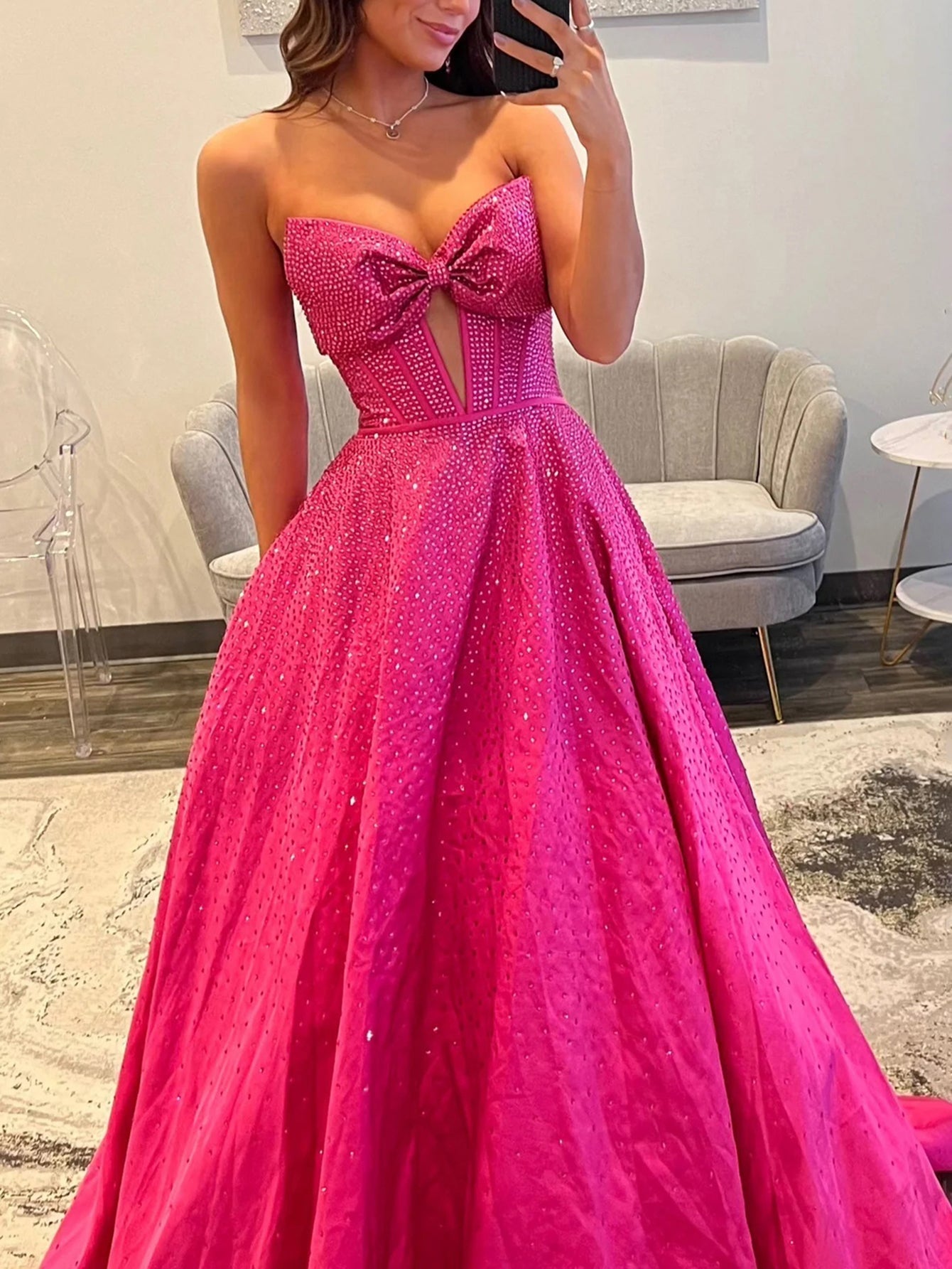 Bow Cut Front Bodice Crystal Ball Gown Prom Dress With Pockets - Hot Pink