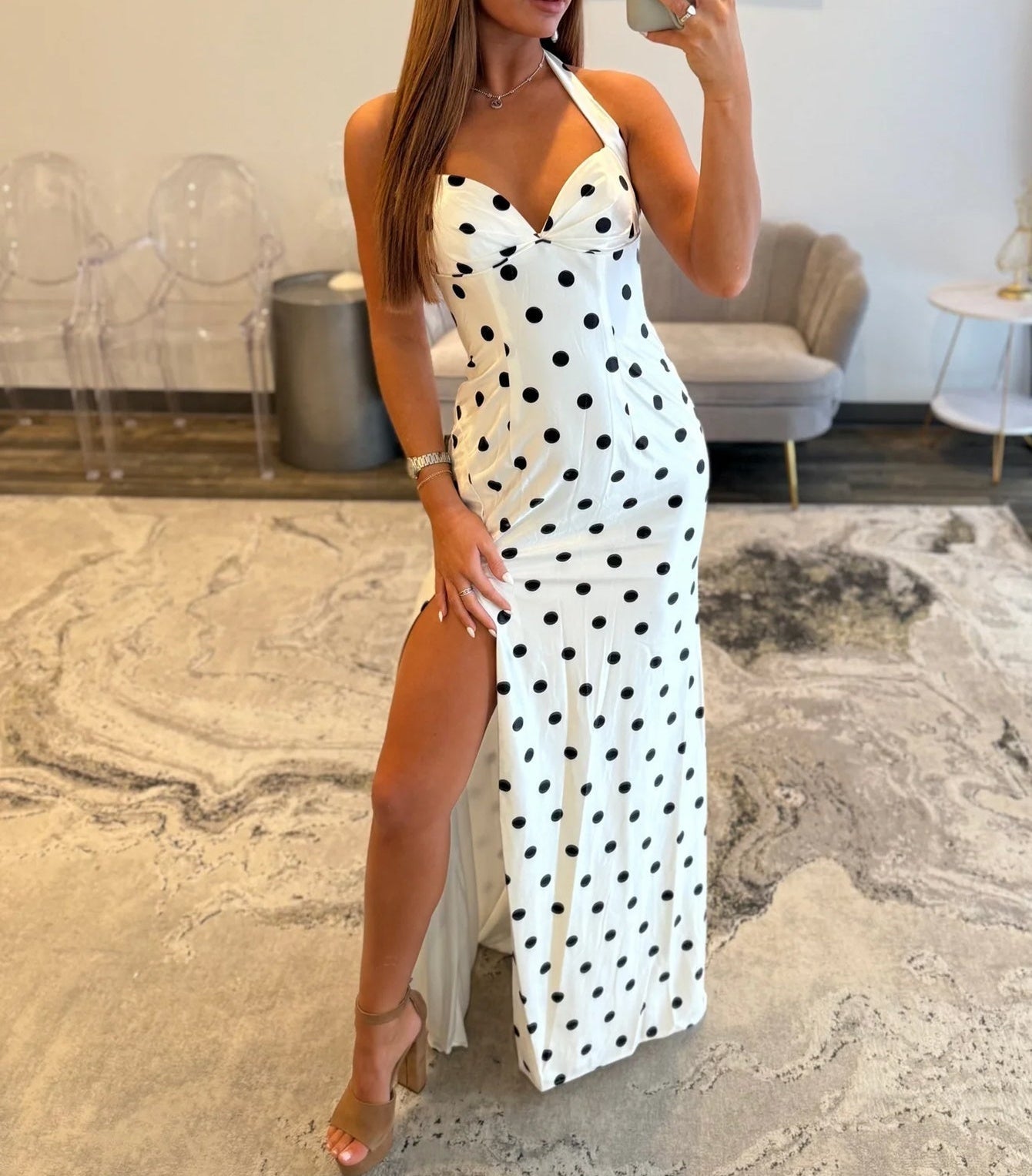Sweetheart Halter Sheath Black Polka Dot Prom Dress - Black