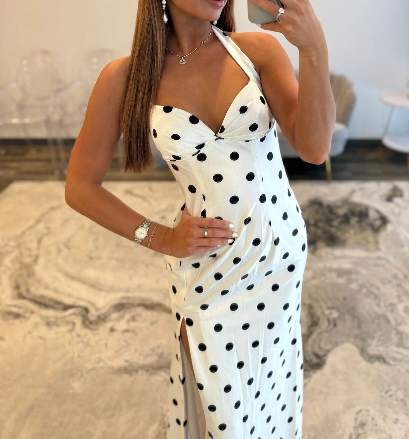 Sweetheart Halter Sheath Black Polka Dot Prom Dress - Black