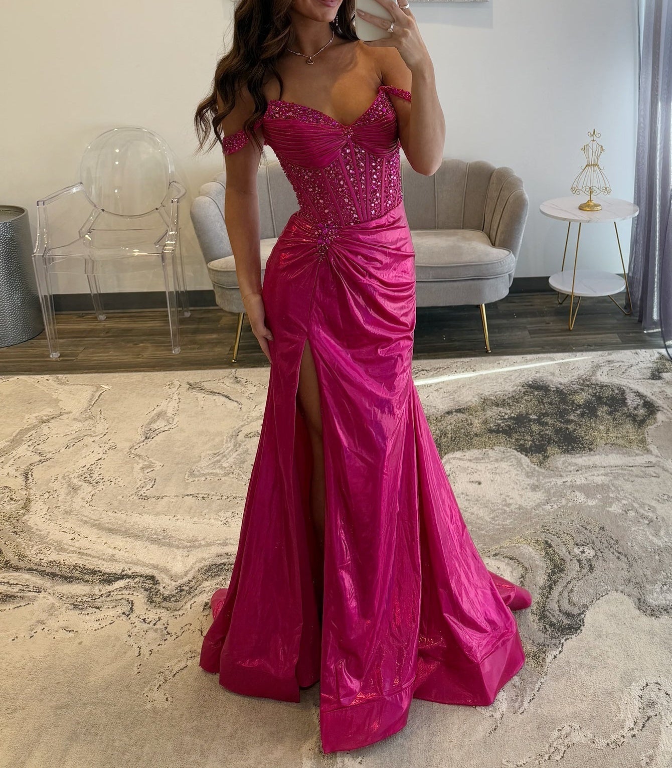 Crystal Boned Off Shoulder Mermaid Prom Dress - Fuchsia