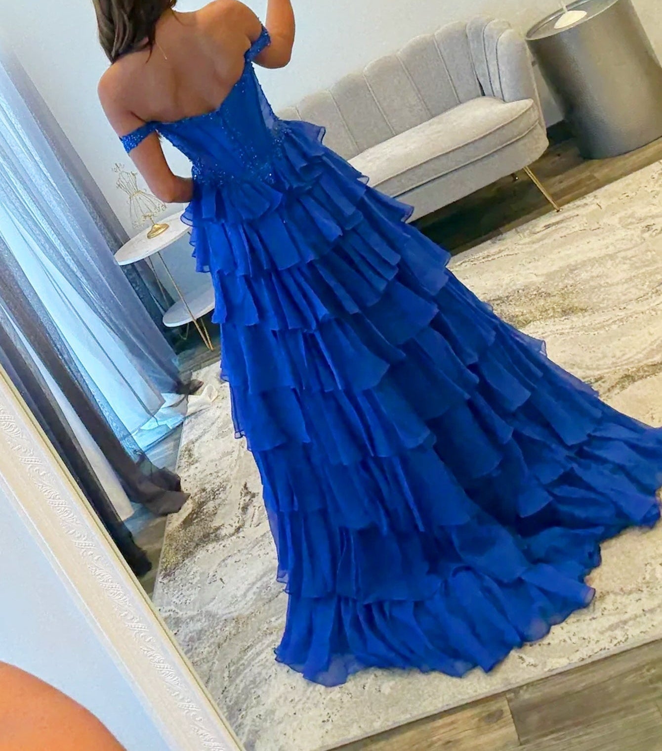Lace Embroidery Layered Ball Gown Prom Dress - Royal Blue