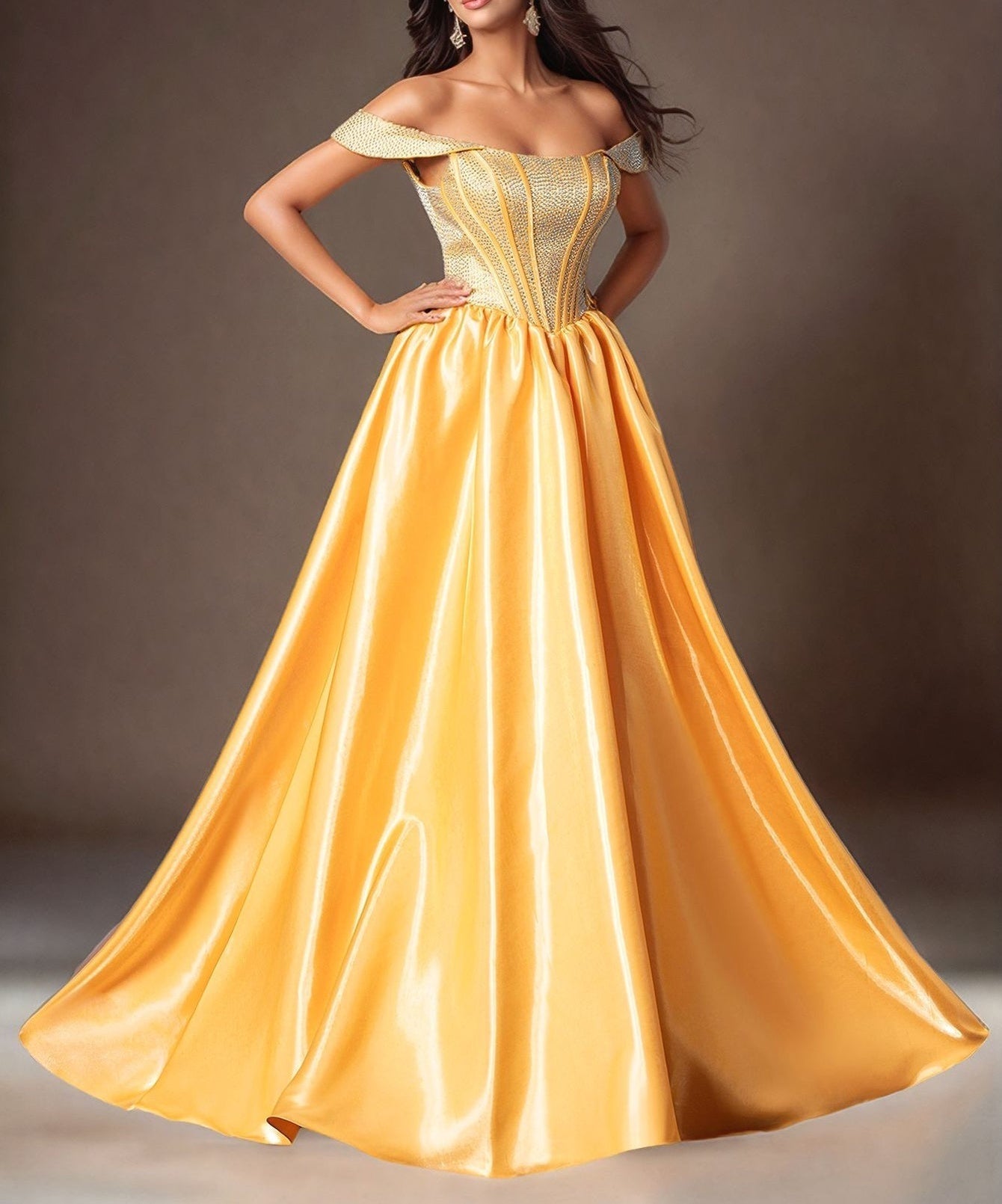Off Shoulder Crystal Boned Ball Gown Prom Dress - Yellow