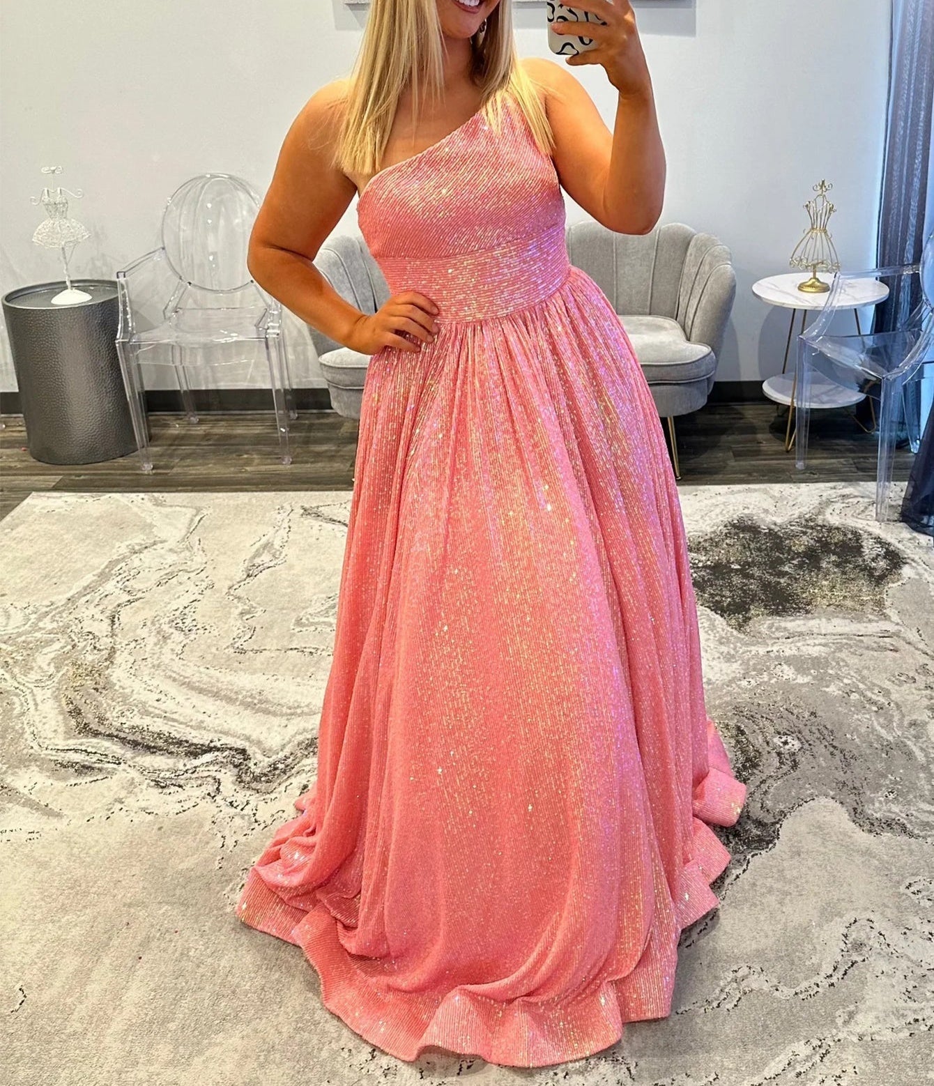 Sparkly Bodice One Shoulder Long Prom Dress - Pink