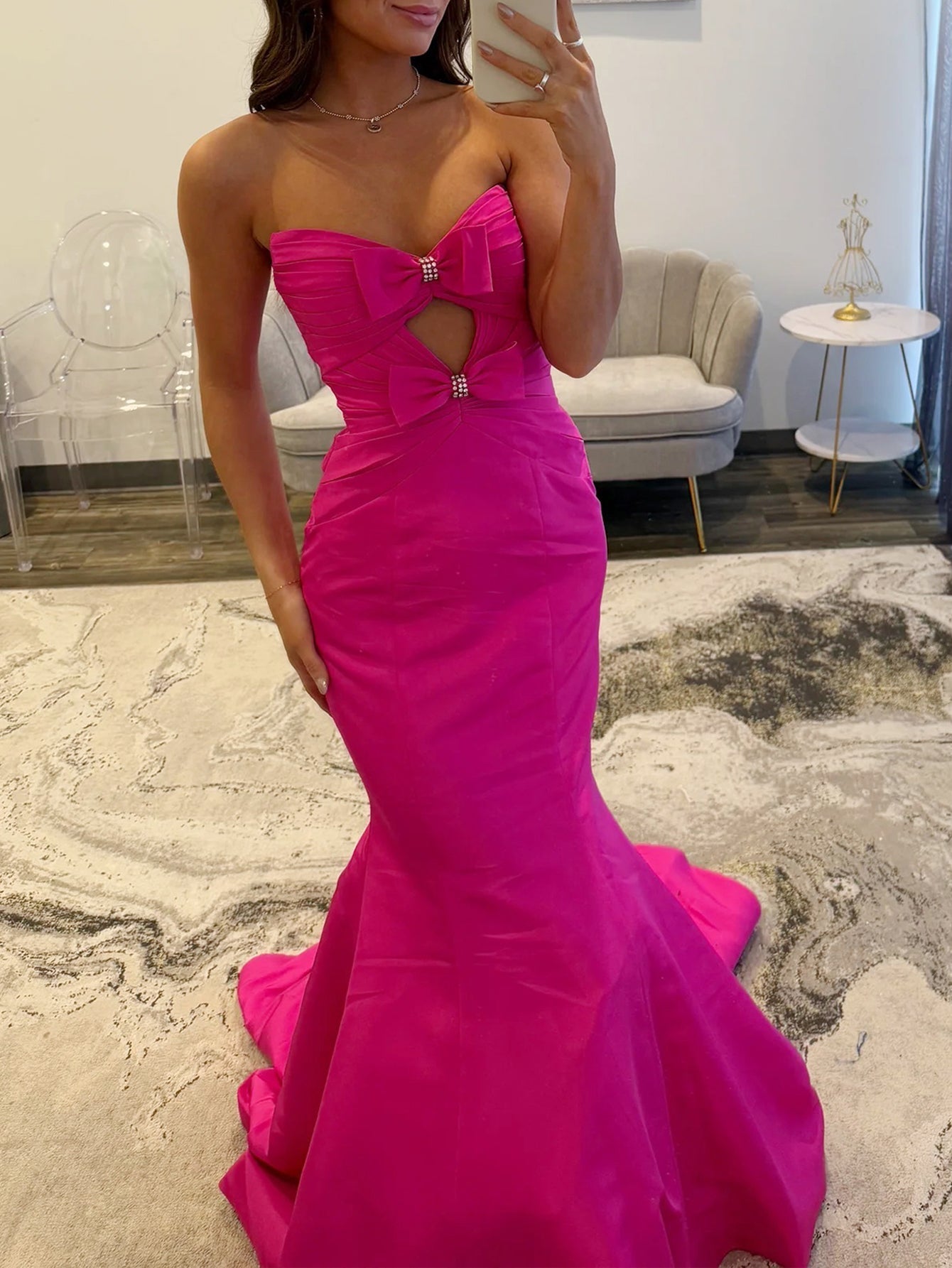 Strapless Cut Front Bows Mermaid Prom Dress - Hot Pink