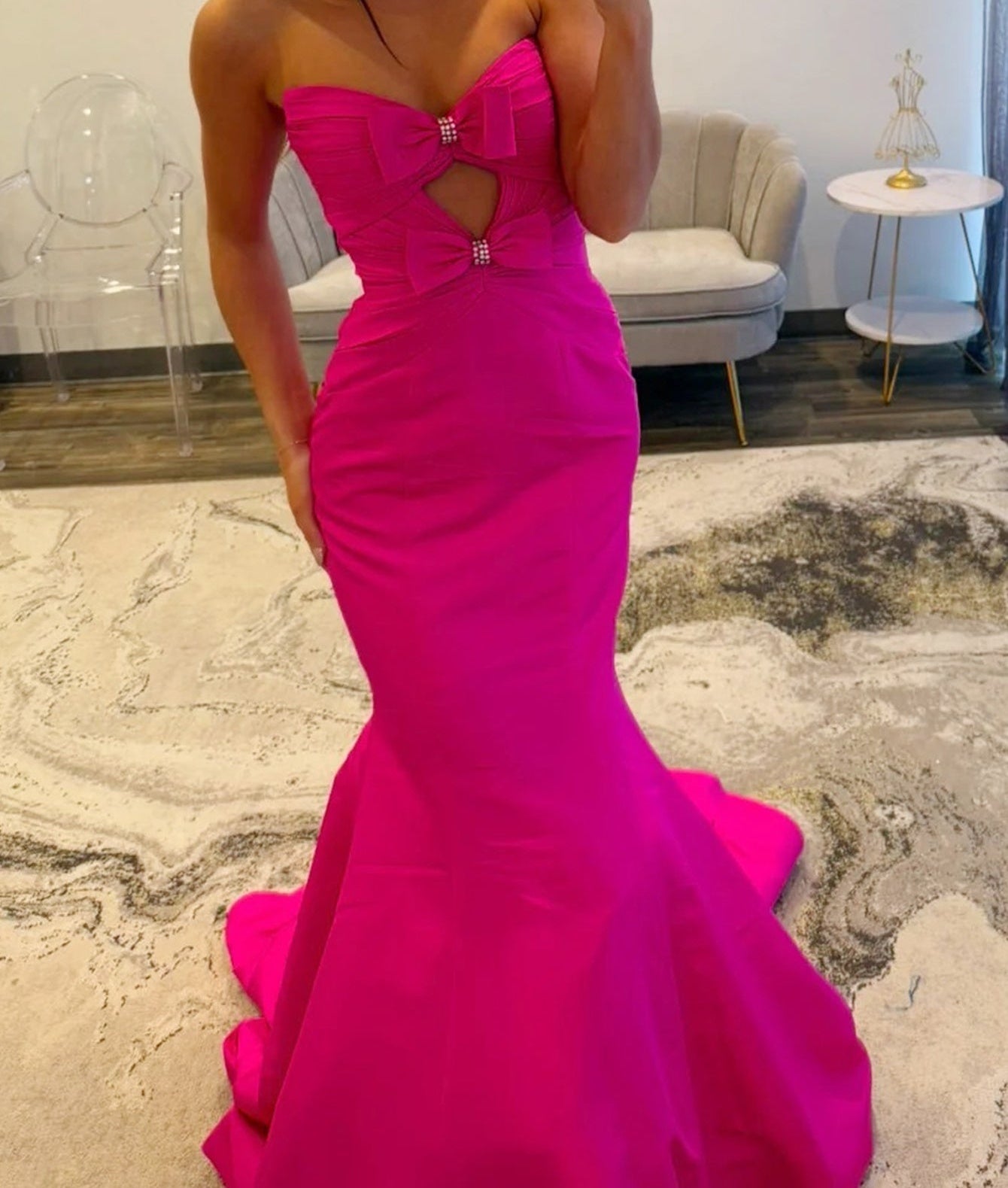 Strapless Cut Front Bows Mermaid Prom Dress - Hot Pink