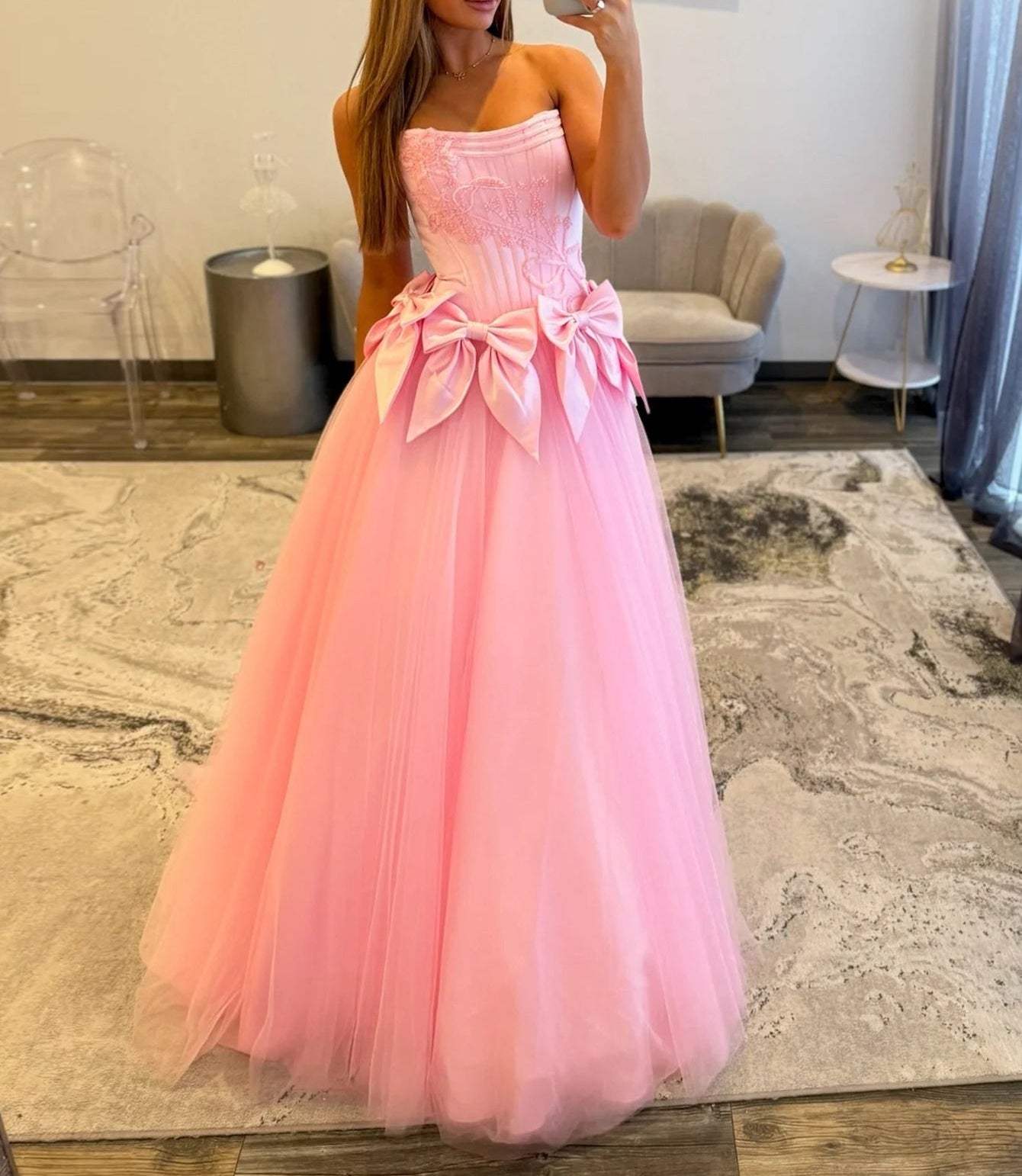 Strapless Bows Boned Ball Gown Prom Dress - Pink