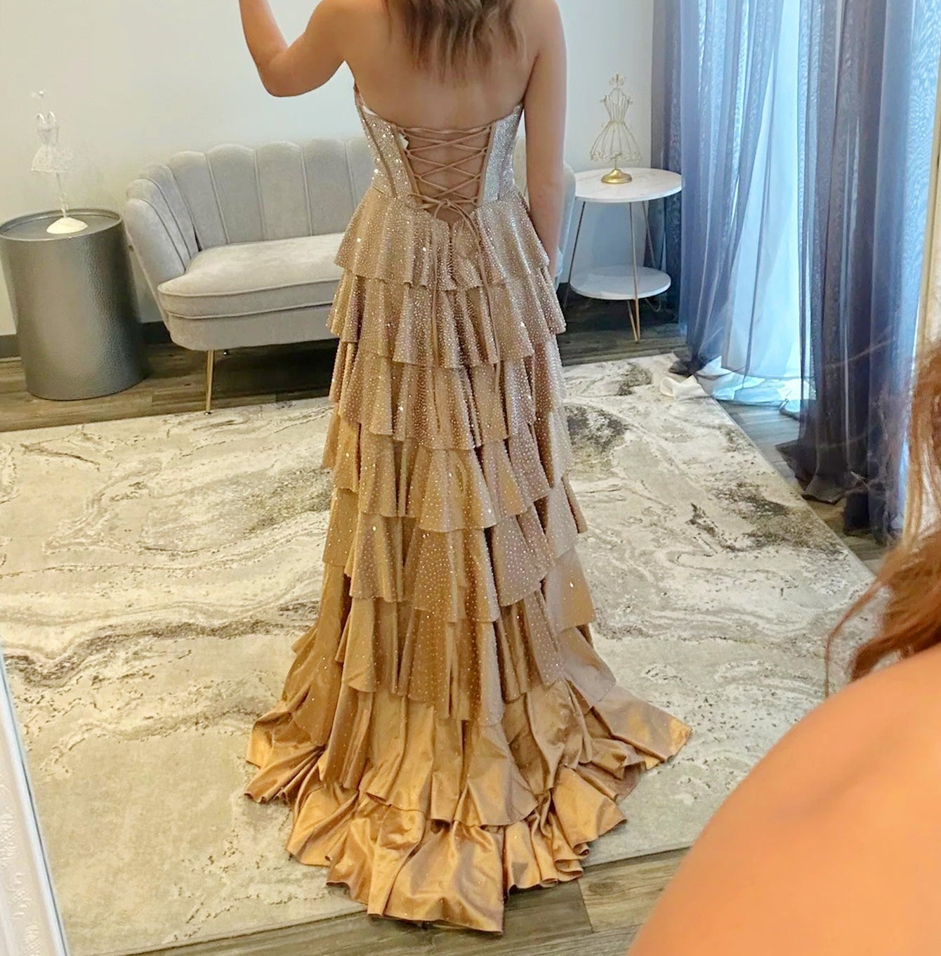 Luxury Crystal Boned Ruffle Ball Gown Prom Dress - Gold