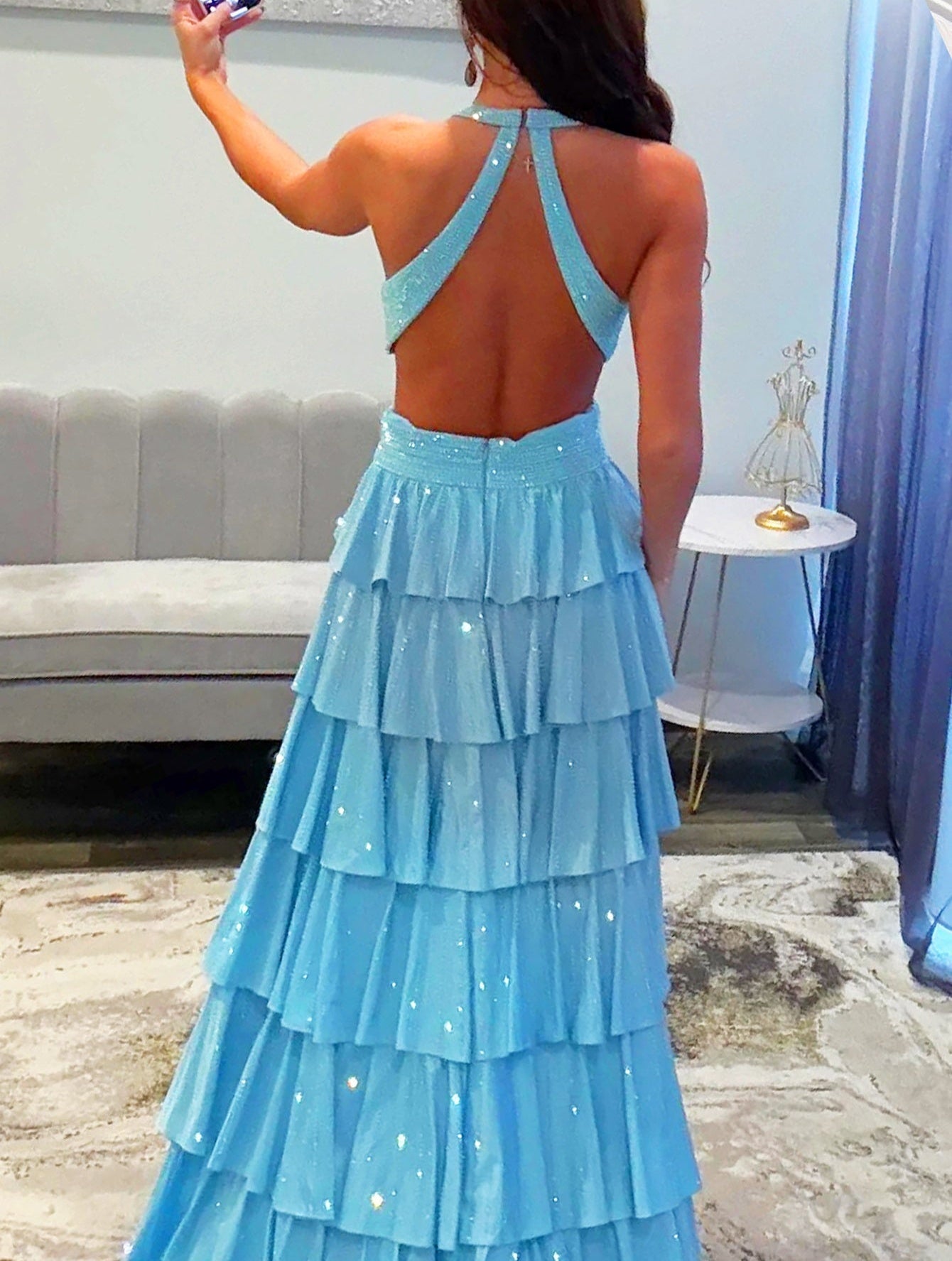 Cut Waist Halter Crystal Ruffle Ball Gown Prom Dress - Sky Blue