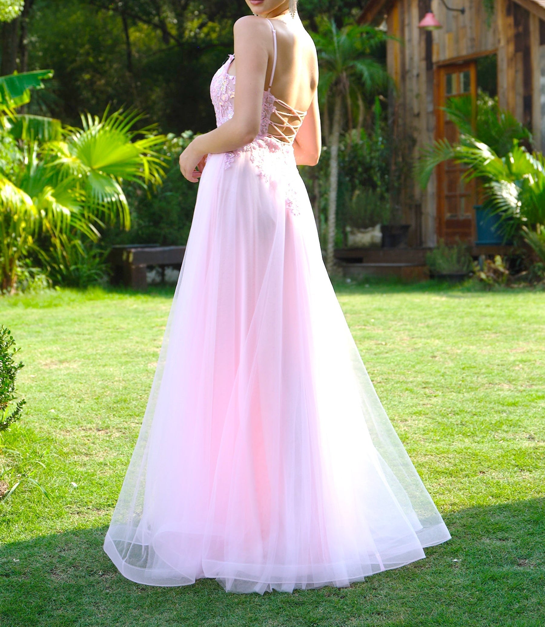 Square Lace Embroidery Ball Gown Prom Dress - Pink