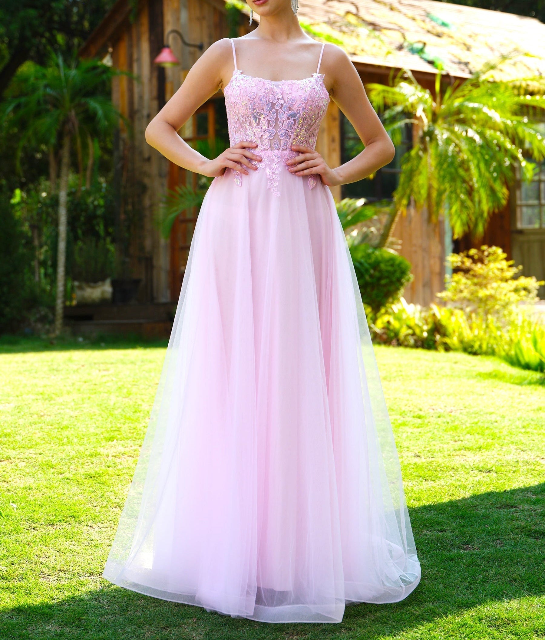 Square Lace Embroidery Ball Gown Prom Dress - Pink