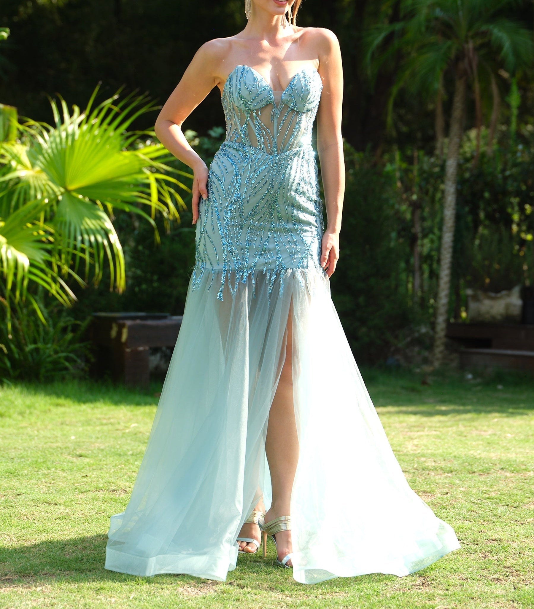 Sparkly Sequin Evening Dress with Lace Up Back - Blue