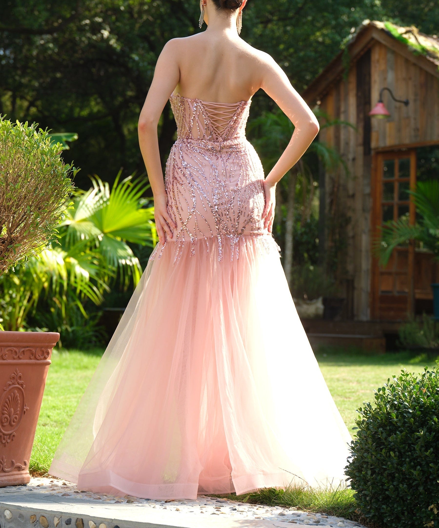 Sparkly Sequin Evening Dress with Lace Up Back - Pink