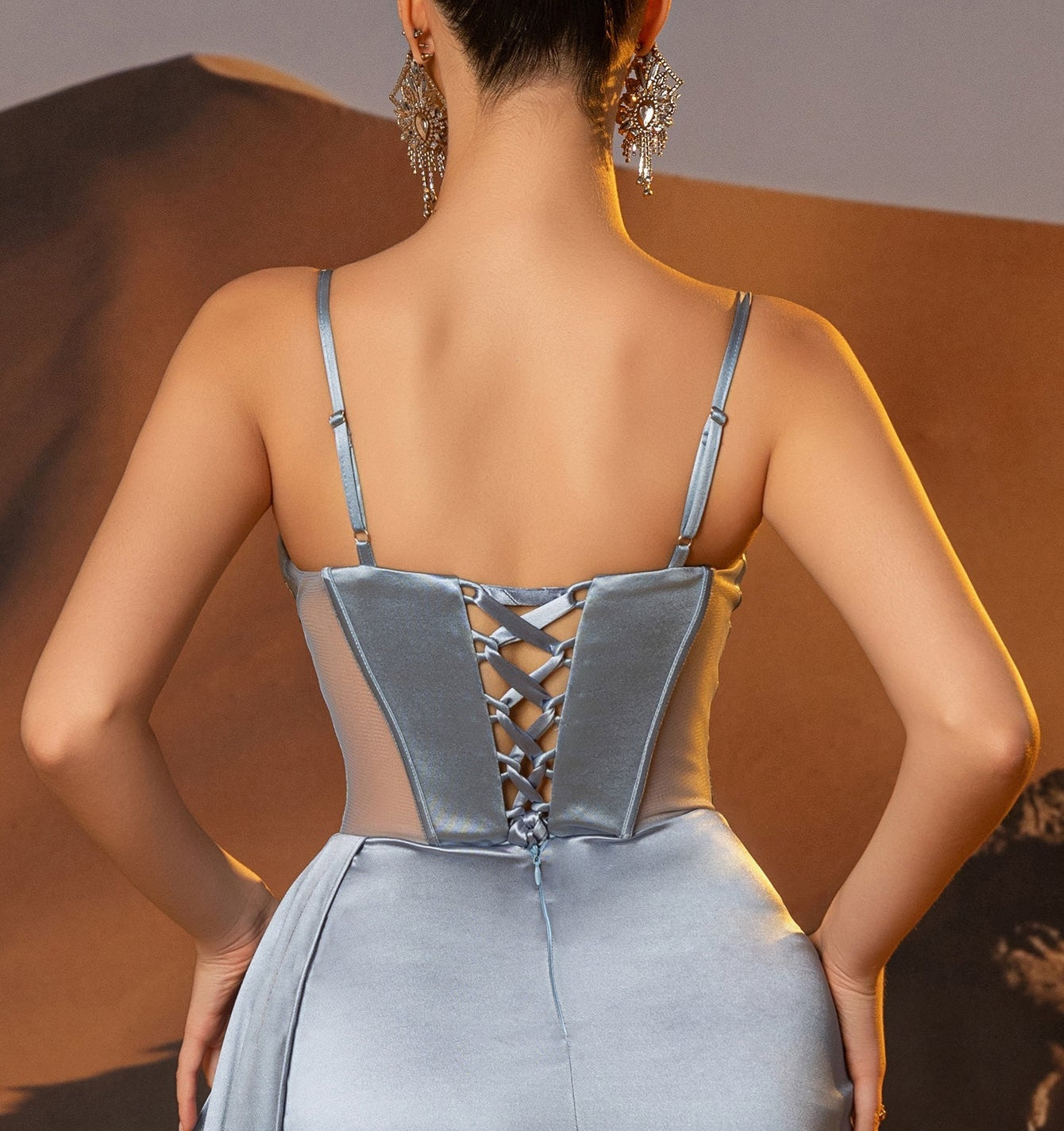 Cut Front Boned Lace Embroidery Mermaid Prom Dress With Waist Drop - Dusty Blue