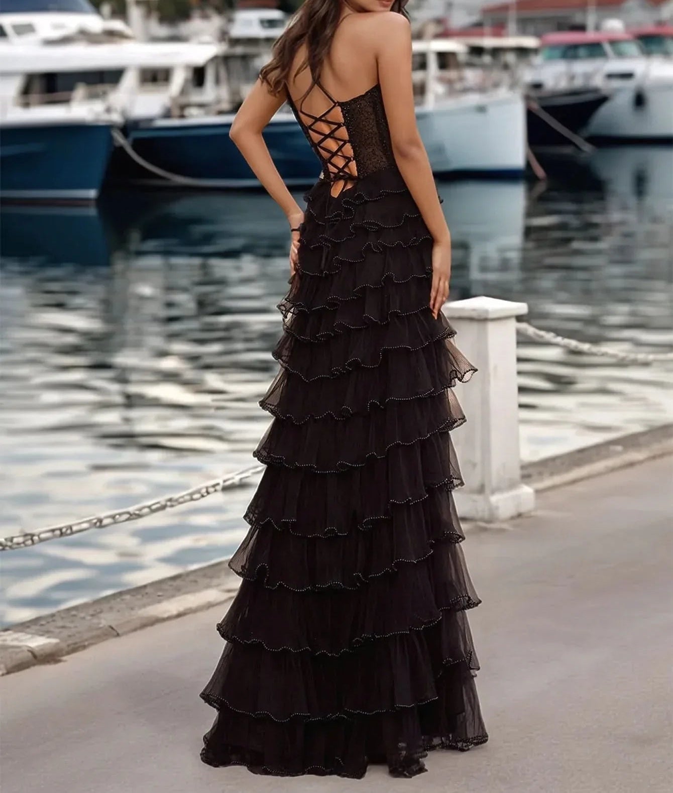 Sparkly Sheer Bodice Hand Beading Spaghetti Strap Ruffle Slit Prom Dress - Black