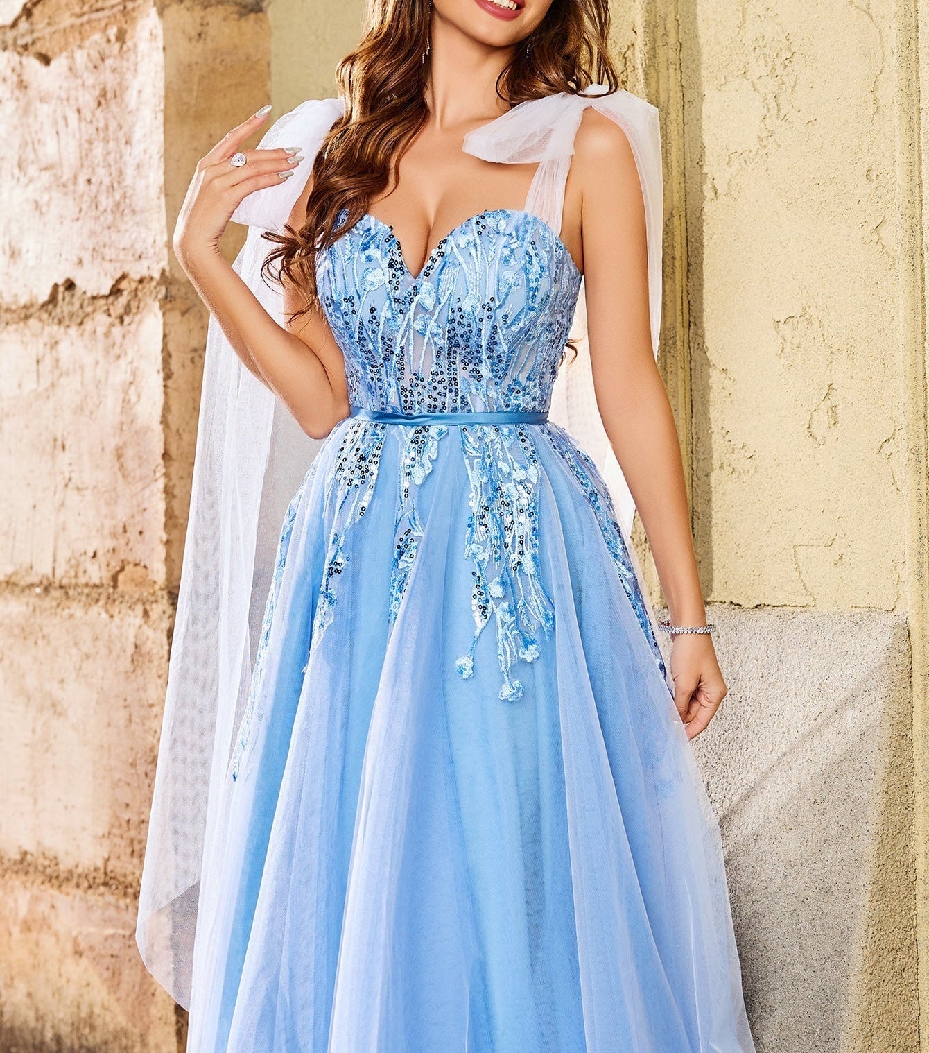 Lace Bow 3D Embroidery Floral Prom Gown - Sky Blue