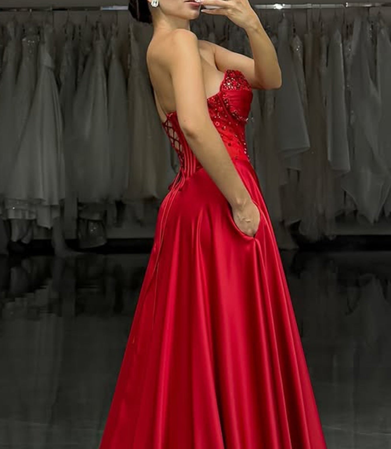 Off Shoulder Crystal Split Long Prom Dress With Pocket - Red
